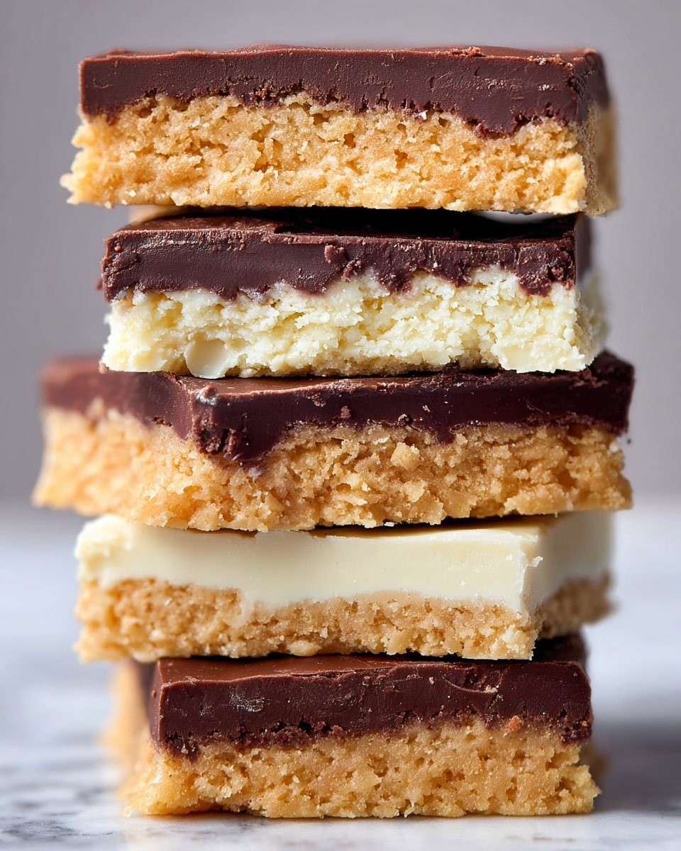 The image shows several pieces of peanut butter bars stacked on a white marbled surface. Each bar has two layers: a thick, crumbly, light golden peanut butter filling in the center and a smooth chocolate coating covering the outside. There are three types of coatings: dark chocolate, milk chocolate, and white chocolate. The bars are cut in half to show the inside texture, with the peanut butter layer looking dense and slightly grainy. The bars are arranged randomly, creating a rich and tasty visual. photo taken with an iphone --ar 4:5 --v 7