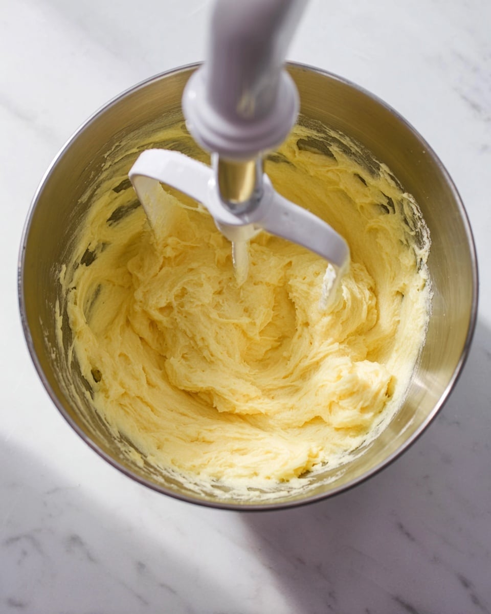A close-up view of a shiny silver mixing bowl filled with light yellow, creamy batter that looks smooth and fluffy. The batter is partially mixed around a white mixer blade rising from the center, with some batter clinging to its edges. The bowl sits on a white marbled surface with soft natural light highlighting the texture of the batter and the metal shine of the bowl. photo taken with an iphone --ar 4:5 --v 7