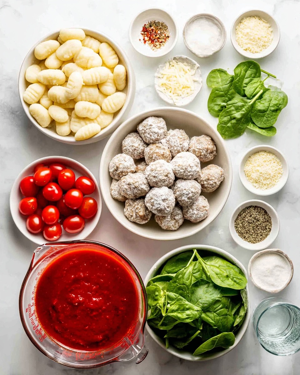 The image shows various ingredients for an Italian meal laid out on a white marbled surface. There is a white bowl filled with raw gnocchi positioned near the center, next to a white bowl filled with raw meatballs dusted lightly with flour. Above the gnocchi, a white bowl holds bright red cherry tomatoes, while to the right, a white bowl contains fresh green spinach leaves. A clear glass measuring cup with smooth red tomato sauce is placed to the left of the gnocchi. Near the top center, several small white and light-colored bowls hold white salt, grated cheese, and mixed spices including black pepper, red pepper flakes, dried herbs, and garlic powder. A small bunch of fresh green basil leaves is also present. A small clear glass of water is on the bottom right. The ingredients contrast well with the clean, white marbled surface beneath them. Photo taken with an iphone --ar 4:5 --v 7