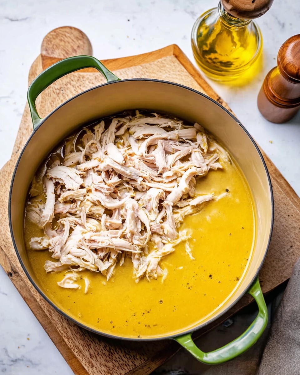 A green pot sits on a white marbled surface with a wooden mat underneath, filled with two layers: the bottom layer is a thick golden-yellow sauce with a smooth texture, and the top layer is shredded white and light brown chicken pieces scattered unevenly over the sauce. To the right, there is a small glass jar with yellow oil and a wooden pepper grinder partially visible. Photo taken with an iphone --ar 4:5 --v 7