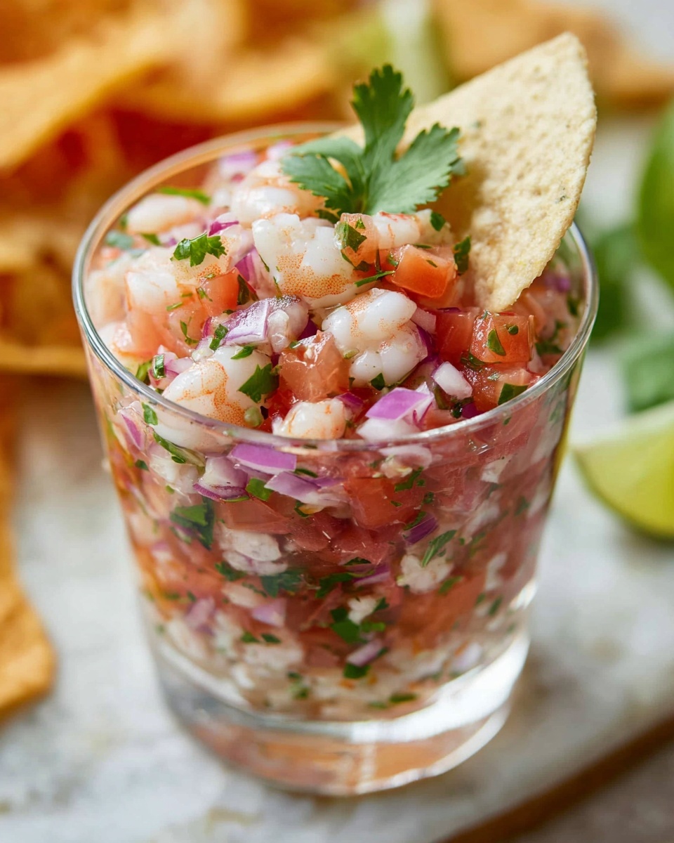 The image shows a clear glass filled with three visible layers of fresh ceviche. The bottom layer consists of small white pieces of shrimp mixed with bits of green herbs. The middle layer has chunks of red tomato and thin slices of purple onion combined with more shrimp. The top layer is a colorful mix of shrimp, tomato, onion, and green herbs, all finely chopped and mixed together. A single round, light beige chip sticks out from the top right side, next to a green cilantro leaf as decoration. The glass stands on a white marbled surface with blurred tortilla chips and green leaves in the background. Photo taken with an iphone --ar 4:5 --v 7
