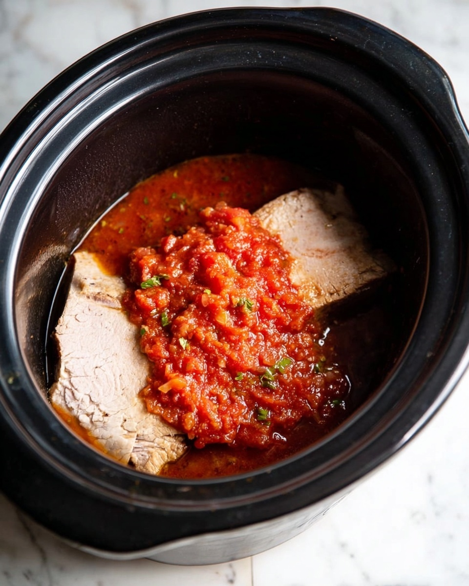 Inside a black slow cooker pot, there are two slices of light beige cooked meat laying flat at the bottom. On top of the meat slices, there is a thick layer of chunky red tomato sauce with visible small pieces of green herbs mixed in. The pot is placed on a white marbled surface. photo taken with an iphone --ar 4:5 --v 7