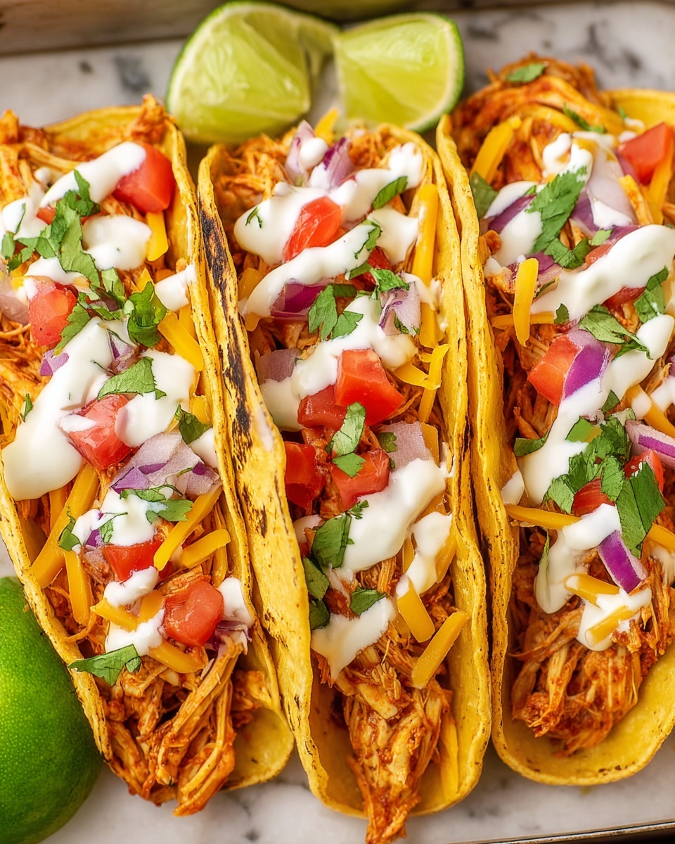 Three small tacos with grilled marks are filled with shredded orange chicken, topped with small pieces of red onion, orange chunks, green cilantro leaves, and thin white cream drizzles. The tacos are placed side by side on a piece of brown paper inside a white tray. Two lime halves with green skin and bright green juicy insides sit next to the tacos. The background surface is a white marbled texture. Photo taken with an iphone --ar 4:5 --v 7