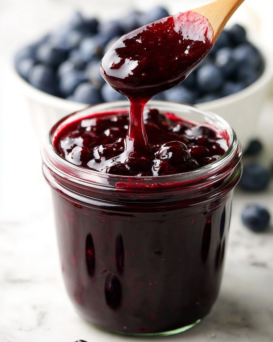 A clear glass jar filled with a thick, dark red blueberry jam that has a shiny, smooth texture with visible whole blueberries throughout. A wooden spoon above the jar shows the jam dripping from it in a thick stream. The background is softly blurred with a large white bowl of fresh blueberries visible in the distance on a white marbled surface. The overall colors are deep red from the jam, light wood from the spoon, and white from the bowl and surface photo taken with an iphone --ar 4:5 --v 7