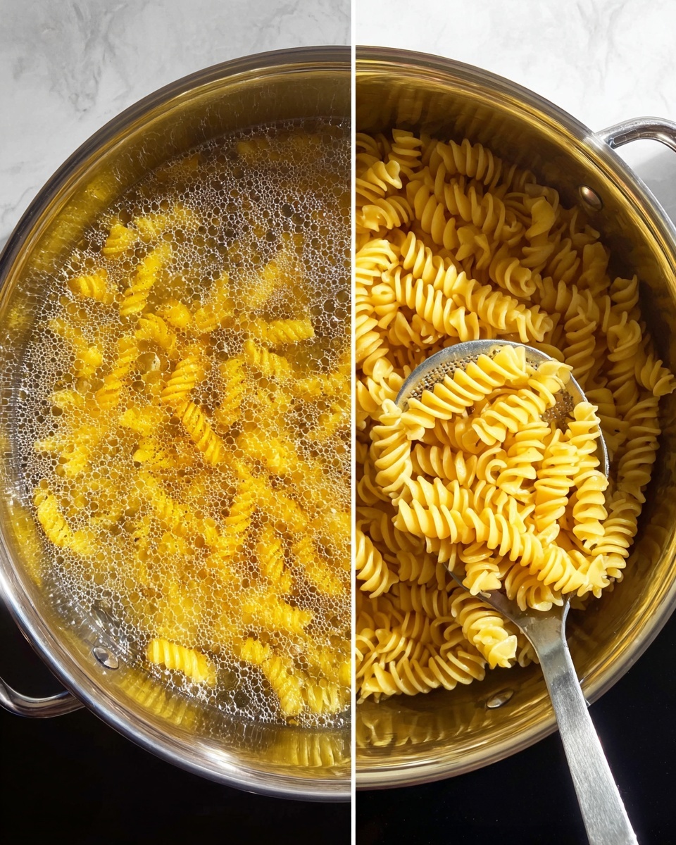 Two side-by-side images show fusilli pasta cooking in a shiny silver pot. On the left, the pot is filled with boiling water and bright yellow uncooked fusilli pasta partly covered by bubbles. On the right, the pasta is now soft and pale yellow, being lifted from the clear water with a silver slotted spoon. The pasta spirals are thick and tightly wound. The pot sits on a black surface, but the overall background is changed to a white marbled texture. photo taken with an iphone --ar 4:5 --v 7