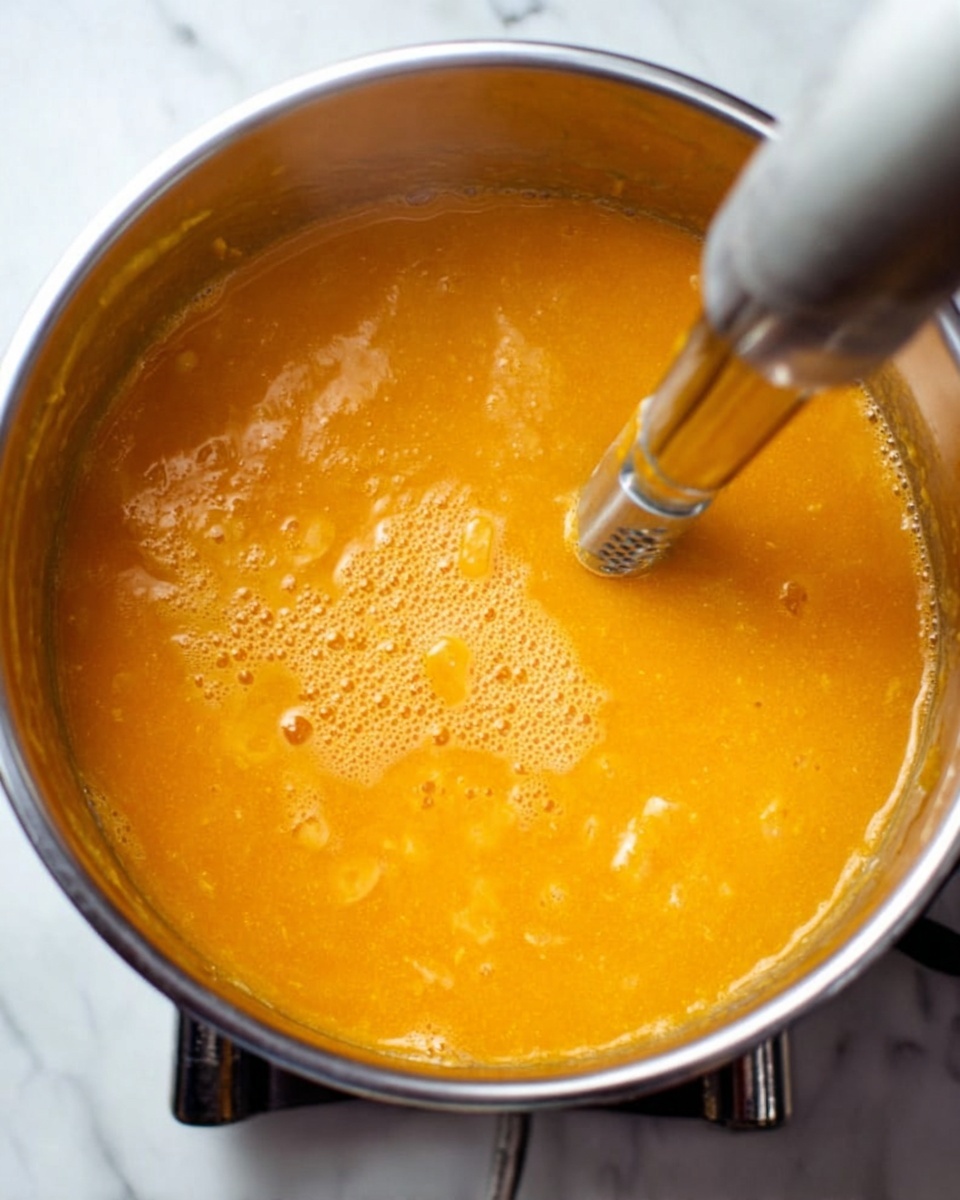 The image shows a large silver pot filled with thick orange soup being blended by a silver immersion blender. The soup has a smooth texture with some small chunks, and bubbles form around the blender's base as it works. The pot is placed on a white marbled surface, and you can see steam rising lightly from the hot soup. The blender is partly submerged in the center of the pot, mixing the vibrant soup evenly. photo taken with an iphone --ar 4:5 --v 7