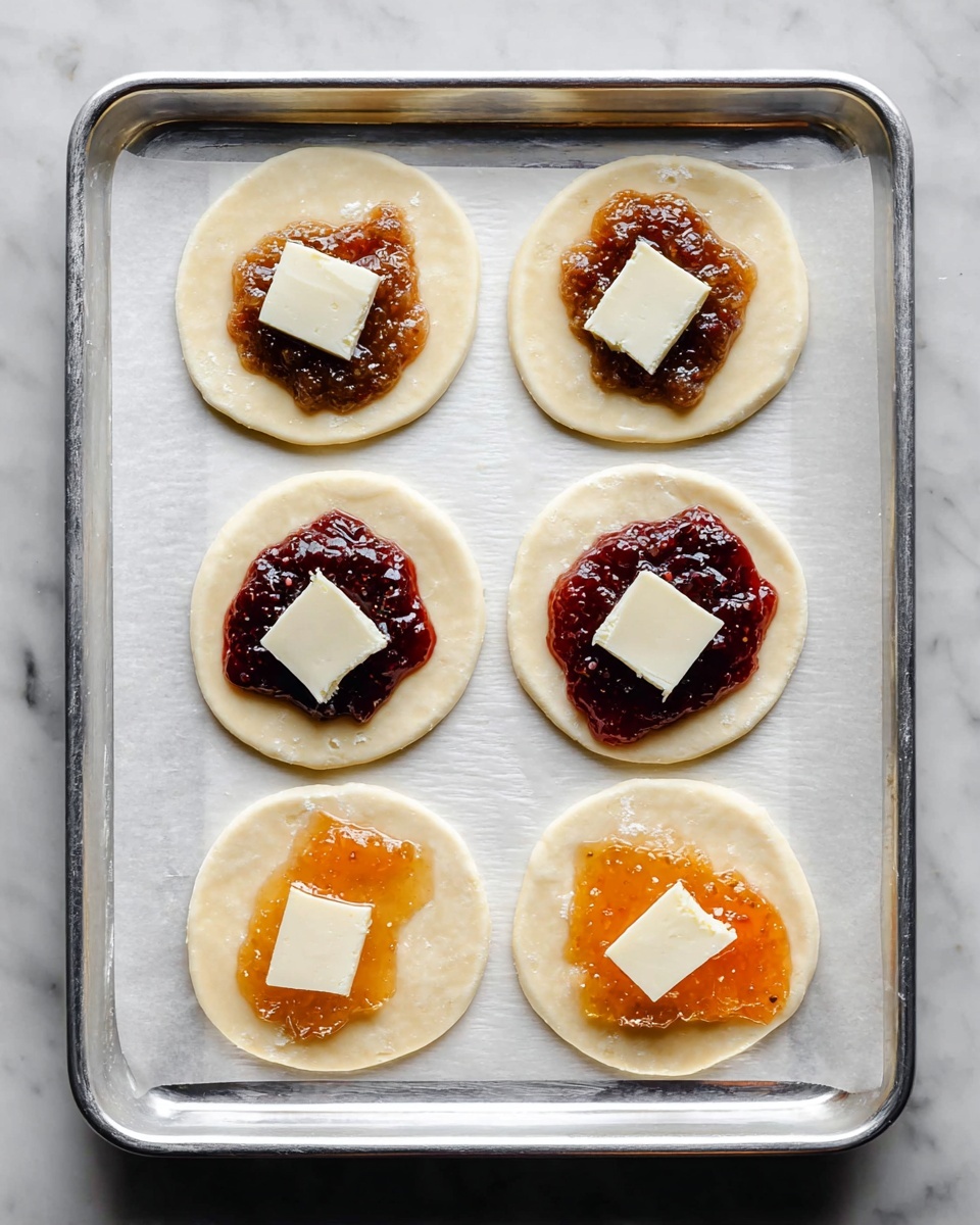 The image shows six circular dough pieces evenly placed on a white parchment-lined metal baking tray with a white marbled surface beneath. Each dough circle is layered with a dollop of jam—two with brown jam, two with dark red jam, and two with bright orange jam—spread in the center. A small square piece of white cheese is placed on top of each jam layer, contrasting against the colorful jams and pale dough. The dough circles are raw with a smooth and pale texture, and the jams look shiny and thick. Photo taken with an iphone --ar 4:5 --v 7