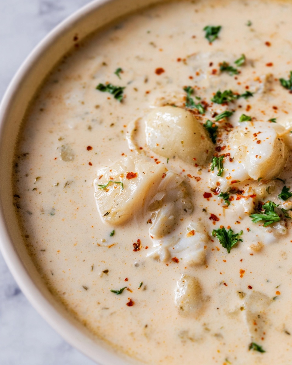 A thick creamy soup fills the frame, showing a close-up of light beige broth with a smooth, slightly textured surface. Floating in the soup are some soft white chunks of fish with gentle curves and tender texture, along with small, pale gnocchi pieces. Scattered over the top are tiny green herb leaves and small specks of red spices that add color contrast. The image is set against a white marbled background. photo taken with an iphone --ar 4:5 --v 7