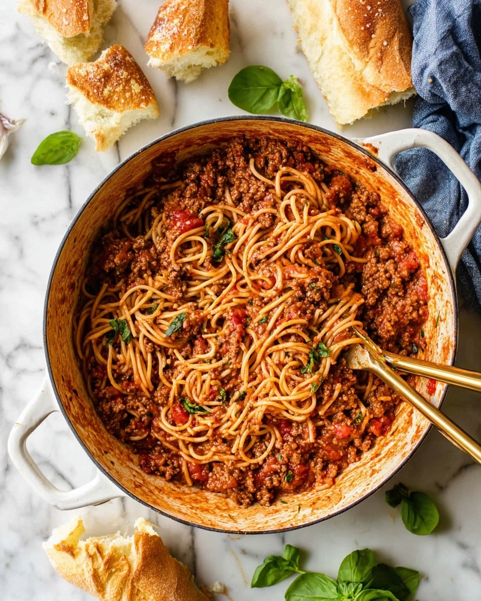 A large round white pot filled with spaghetti mixed evenly with rich brown meat sauce that has bits of red tomatoes and herbs, showing a textured and thick sauce coating the noodles. Two golden tongs rest inside the pot, slightly pulling some spaghetti strands, creating a dynamic look. Around the pot are torn pieces of crusty light brown bread with a rough texture, placed on a white marbled surface. A couple of fresh green basil leaves add a touch of color around the scene. photo taken with an iphone --ar 4:5 --v 7