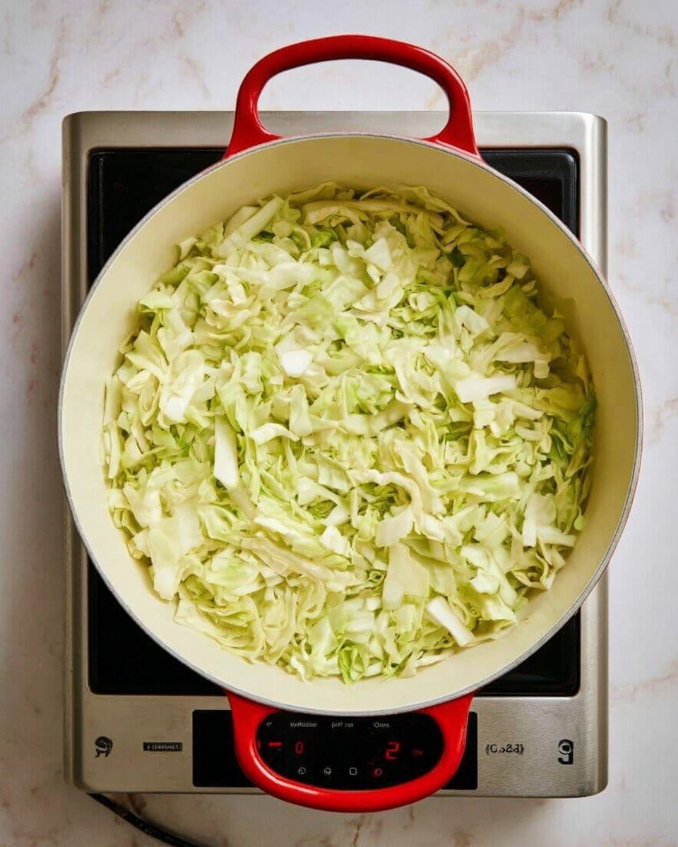 A round white pot with red handles filled with a single thick layer of chopped light green and white cabbage. The cabbage pieces vary in size and are evenly spread inside the pot. The pot is placed on a black and silver electric stove, which rests on a white marbled surface. Photo taken with an iphone --ar 4:5 --v 7