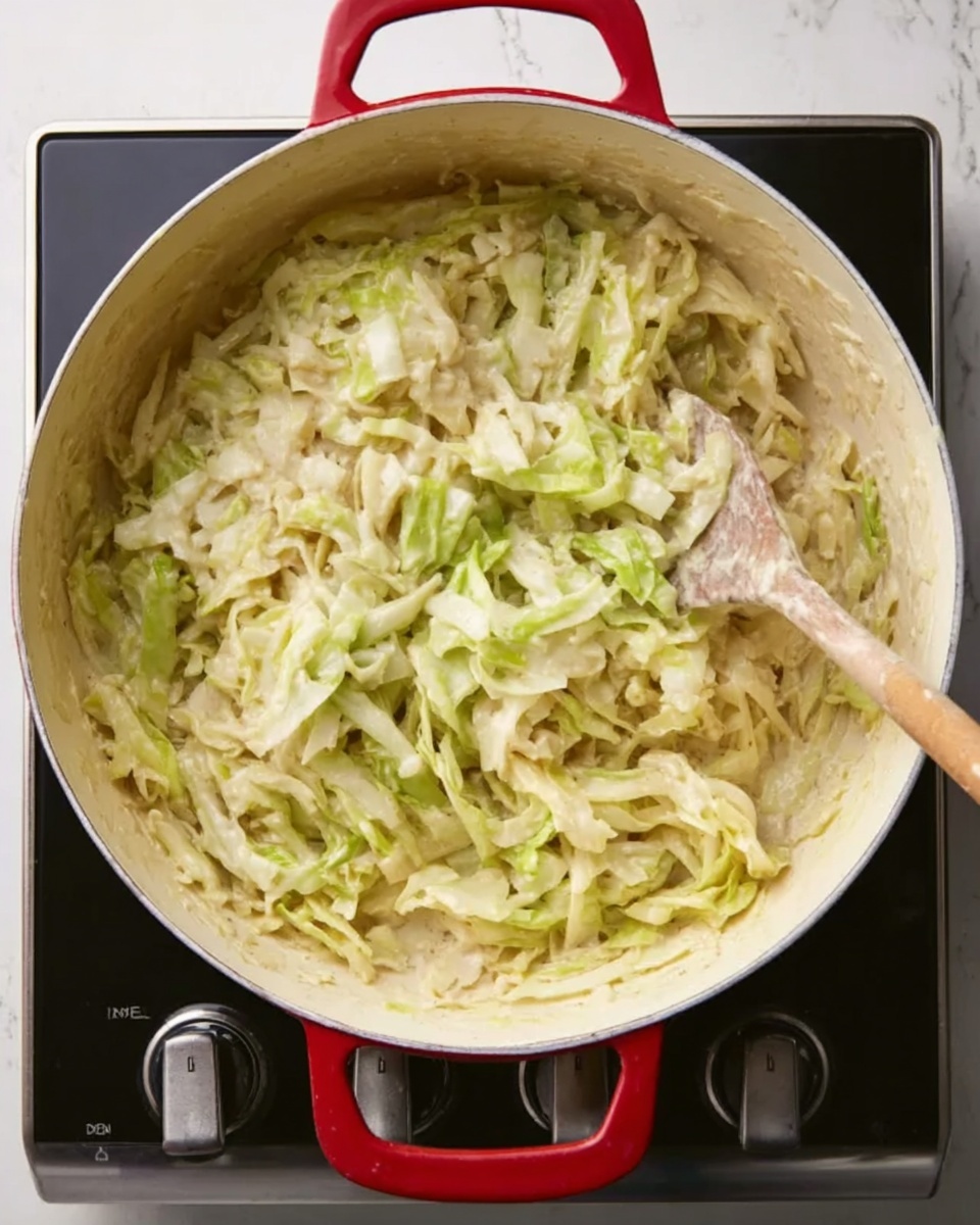 The image shows a large white pot with red handles, filled with shredded light green and creamy white cabbage mixed in a thick light beige sauce. A wooden spoon is stirring the cabbage dish on the right side of the pot. The pot sits on a modern electric stove with black and silver controls, all resting on a white marbled surface. The texture of the cabbage is soft, and the cream sauce coats all the cabbage pieces evenly. photo taken with an iphone --ar 4:5 --v 7