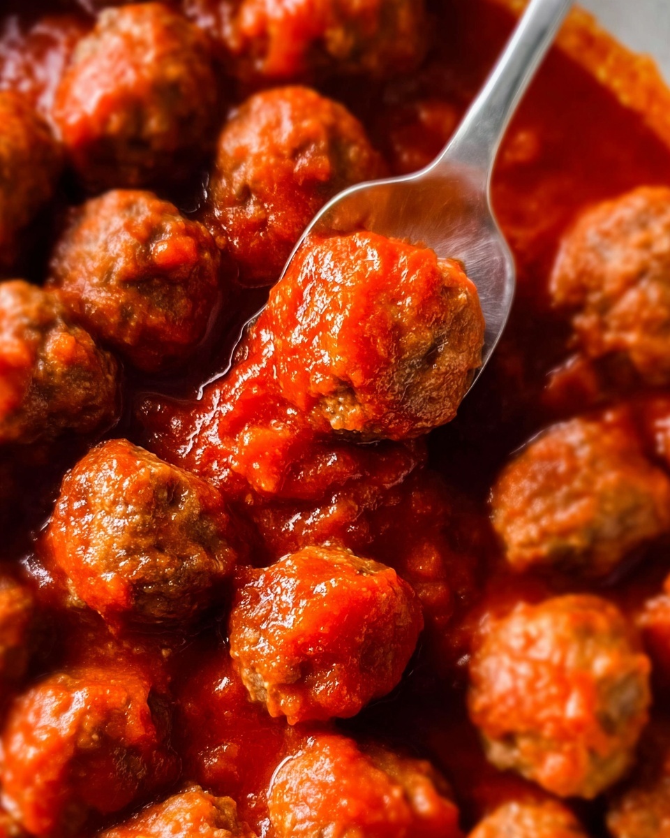 A close-up view of many small round meatballs all covered in thick bright red tomato sauce. The meatballs have a rough texture and are slightly uneven in shape, showing bits of meat inside. They are packed closely together, and a silver spoon is partially submerged under some meatballs on the right side, lifting a few of them. The background is a white marbled texture. photo taken with an iphone --ar 4:5 --v 7