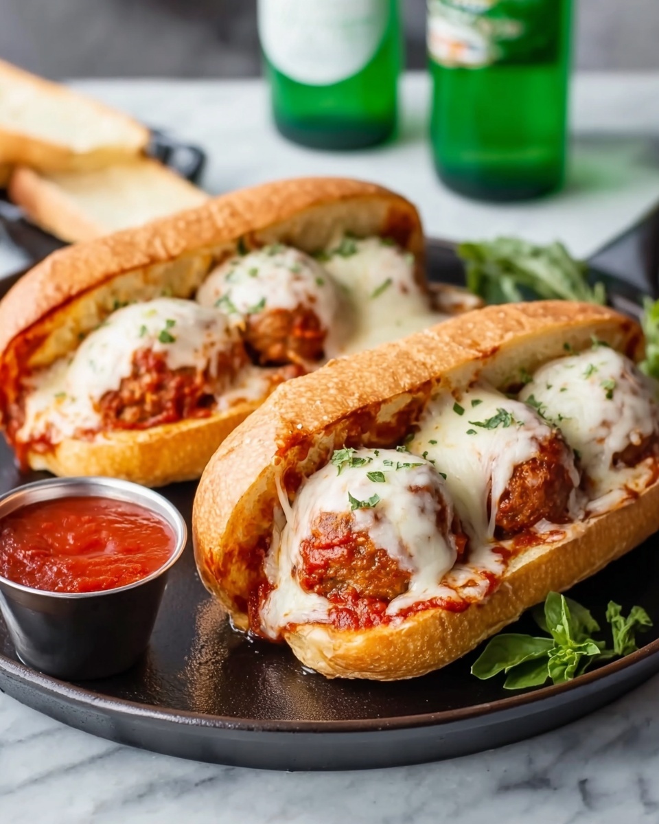 The image shows two meatball sandwiches on a round black plate placed on a white marbled surface. Each sandwich has three main layers: a golden toasted sub sandwich roll cut open, soft meatballs covered with rich, thick red tomato sauce, and melted white cheese draped over the meatballs, slightly gooey but smooth. The sandwiches are garnished with finely chopped green herbs scattered on top of the cheese. To the side, there is a small bowl of red sauce, and a woman's hand is reaching towards one sandwich. The background also includes some fresh green parsley. Photo taken with an iphone --ar 4:5 --v 7