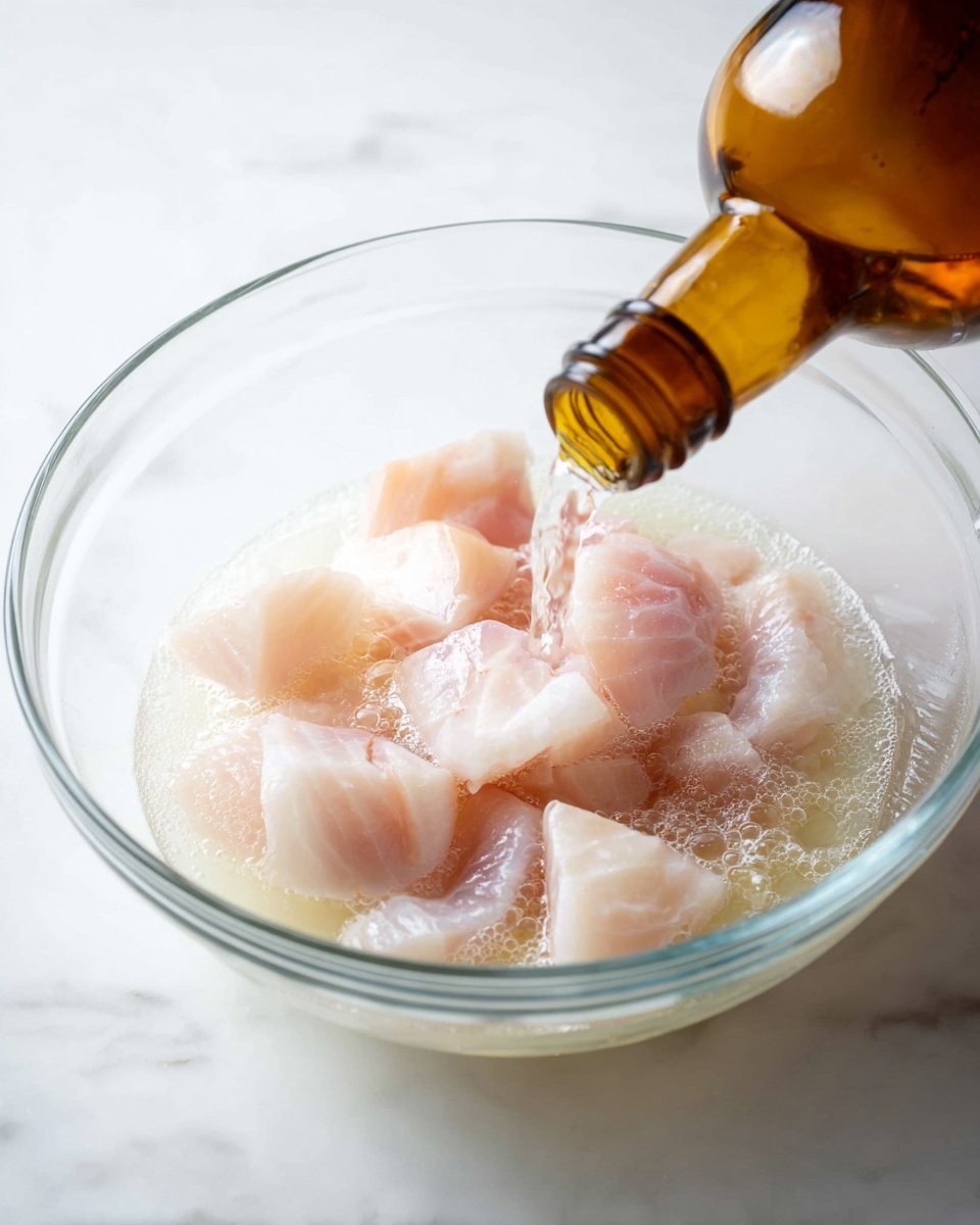 A clear glass bowl on a white marbled surface holds several pale pink raw fish pieces floating in a milky white liquid. Above the bowl, an amber bottle is tilted, pouring a clear liquid onto the fish. Small bubbles form on the surface of the liquid around the fish pieces, showing freshness and motion. The scene is bright and clean, highlighting the translucent texture of the fish and the smooth flow of the liquid. photo taken with an iphone --ar 4:5 --v 7