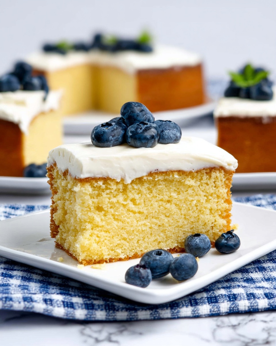 A thick slice of soft yellow cake with a light brown crust sits on a white square plate, with a layer of smooth white cream spread on top. Several plump, deep blue blueberries are placed on the cream and around the base of the cake. The plate rests on a blue and white patterned cloth, and a larger white cake stand holding more cake and blueberries is visible in the background, all set on a white marbled surface. photo taken with an iphone --ar 4:5 --v 7