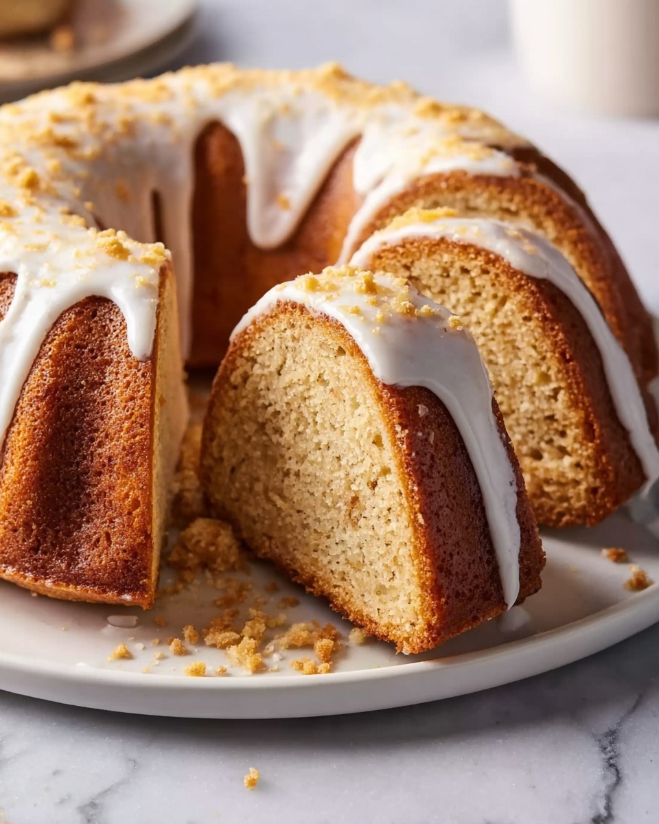 The image shows a round bundt cake on a white plate, placed on a white marbled surface. The cake has a golden brown color with a moist texture visible on the sliced parts. There is a thick, white glaze dripping down the sides and pooling on the surface beneath the cake. Crumbs are scattered around the slices, adding to the natural look. The cake slices are neatly arranged, showing multiple layers of cake underneath the glaze, with the inner texture looking soft and dense. photo taken with an iphone --ar 4:5 --v 7