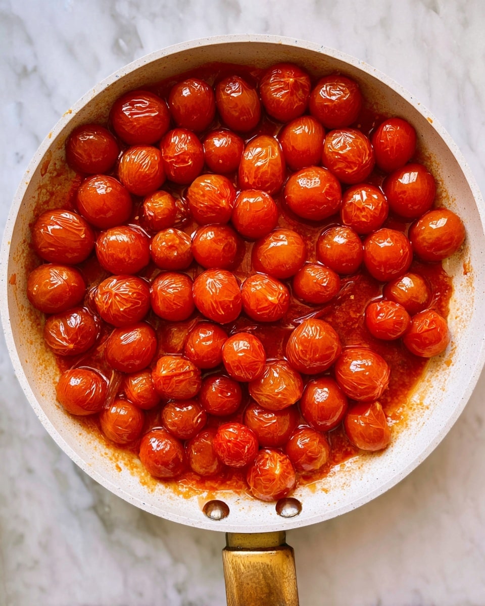 A white pan filled with one layer of small, round, cooked cherry tomatoes, all shiny with a red-orange color and some showing light wrinkles and cracks, sitting in a thin layer of reddish-orange sauce. The pan has a gold handle and is placed on a white marbled textured surface. photo taken with an iphone --ar 4:5 --v 7
