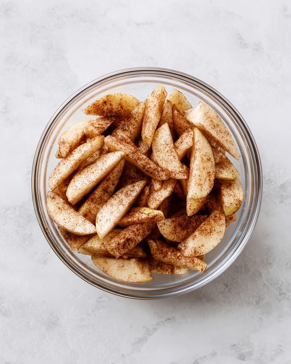 A clear glass bowl filled with sliced apple pieces coated evenly in a light brown powder, likely cinnamon, giving them a speckled texture. The apple slices are irregularly shaped and layered loosely inside the bowl, showing both smooth, pale yellow surfaces and the textured cinnamon coverage. The bowl is placed on a white marbled surface, creating a clean and simple background. Photo taken with an iphone --ar 4:5 --v 7