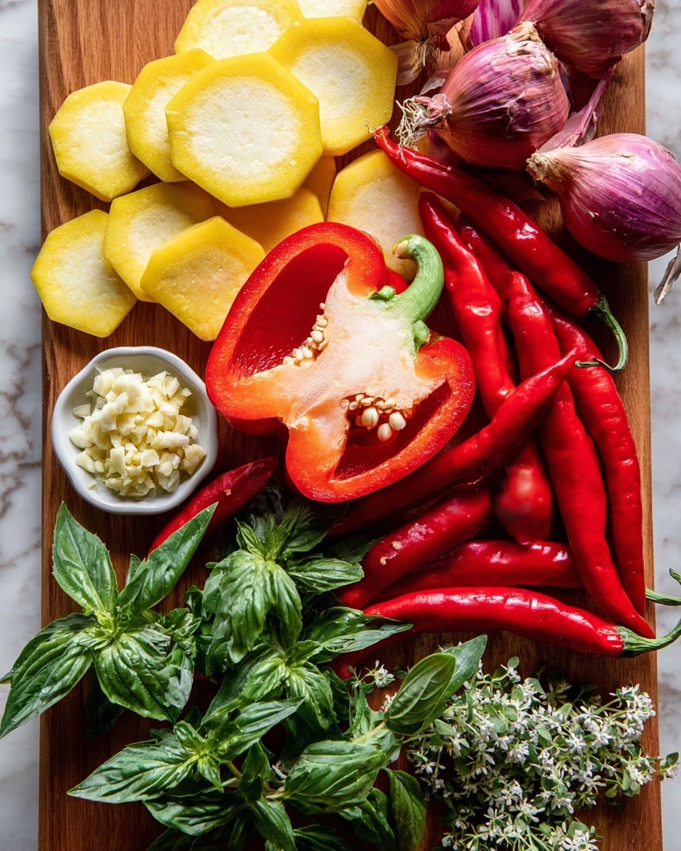 The image shows a wooden board placed on a white marbled surface, filled with fresh vegetables and herbs. In the center, there is a halved bright red bell pepper showing its pale seeds inside, surrounded by several whole shiny red chili peppers on the right side. At the top left, there are thin slices of yellow squash and a cluster of small purple shallots with glossy skins. Scattered across the board are many fresh green basil leaves with tiny white flowers, adding vibrant color and texture. In the bottom left corner, there is a small white dish holding finely chopped garlic. The overall look is colorful and fresh, with a mix of green, red, yellow, and purple on a natural wooden and white marbled background photo taken with an iphone --ar 4:5 --v 7