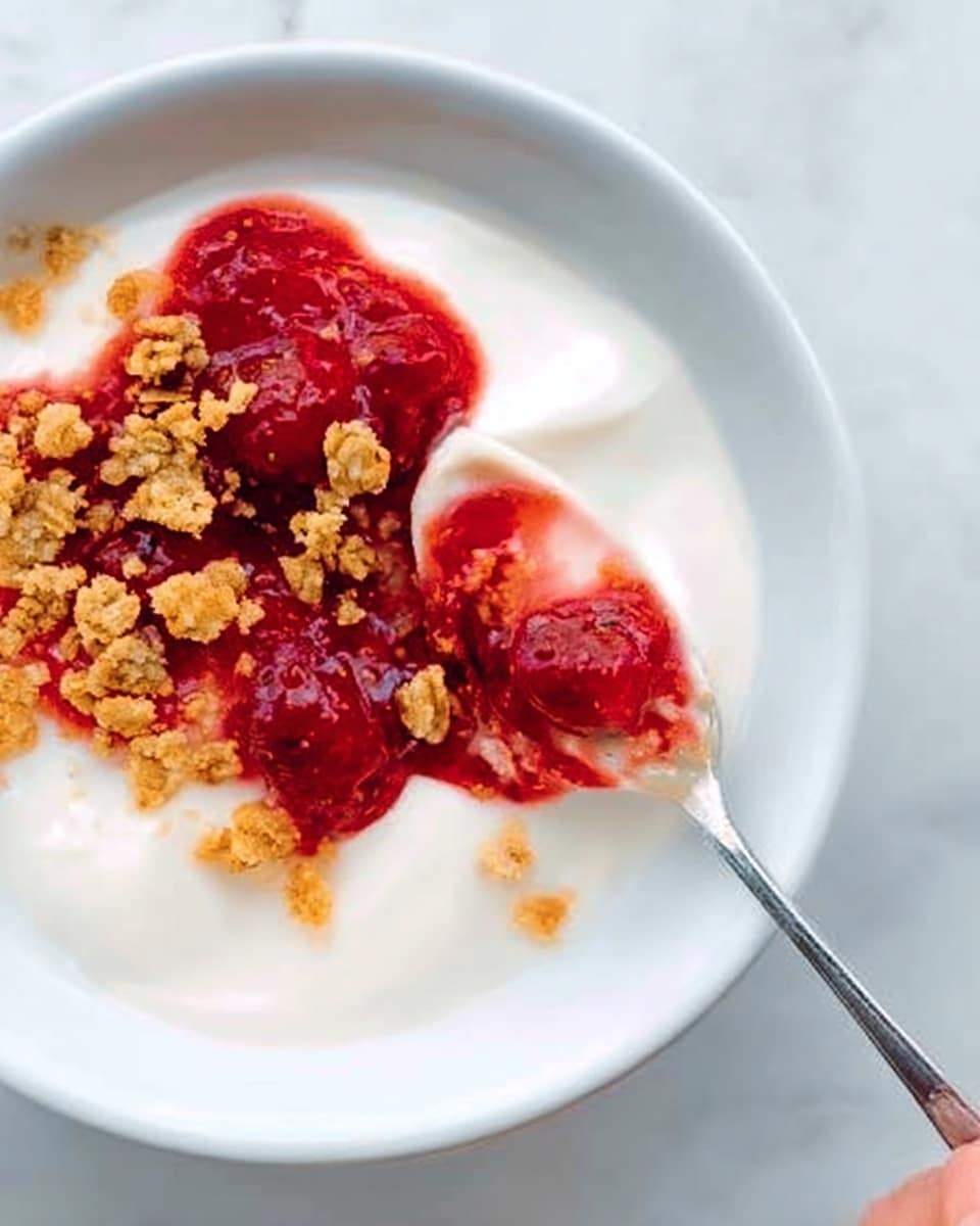 The image shows a close-up of a white bowl filled with smooth, creamy white yogurt. On top of the yogurt, there is a bright red fruit compote, likely strawberry or raspberry, with a slightly chunky texture. Scattered across the top of the yogurt and the red fruit are small, golden brown crumble pieces, adding a crunchy texture. A woman's hand is holding a spoon, scooping into the yogurt and fruit mixture. The bowl is placed on a white marbled surface. photo taken with an iphone --ar 4:5 --v 7