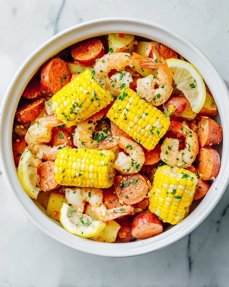 A white bowl filled with a colorful dish showing multiple layers: large bright yellow corn pieces with a smooth texture placed on top and around, mixed with pink shrimp having a slightly curved shape, and orange-red sausage slices with a firm texture scattered throughout. There are also chunks of red potatoes with a soft look and lemon wedges with a pale yellow rind placed on the edges and inside. The dish is lightly sprinkled with small green herbs, all set against a white marbled surface. Photo taken with an iphone --ar 4:5 --v 7