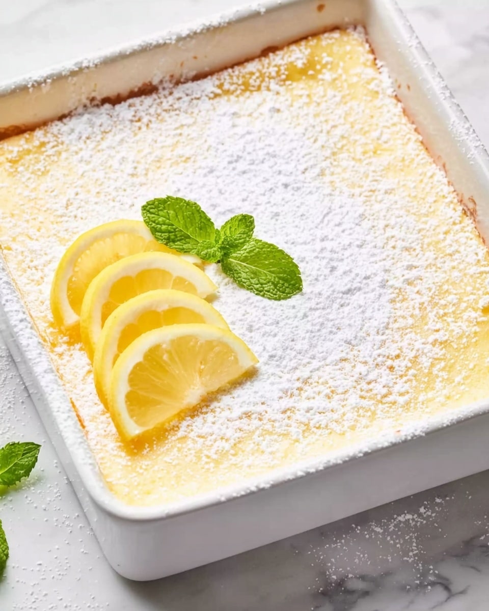 A square white baking dish holds a lemon dessert with a smooth, light yellow top layer dusted evenly with powdered sugar, giving it a soft, snowy texture. On one corner of the dish, there are three thin lemon slices stacked neatly, showing their bright yellow color and juicy texture. In the center, a small green mint sprig adds a fresh contrast to the pale yellow and white. The dish is placed on a white marbled surface, and the lighting is bright and natural, emphasizing the dessert's fresh and clean look. photo taken with an iphone --ar 4:5 --v 7