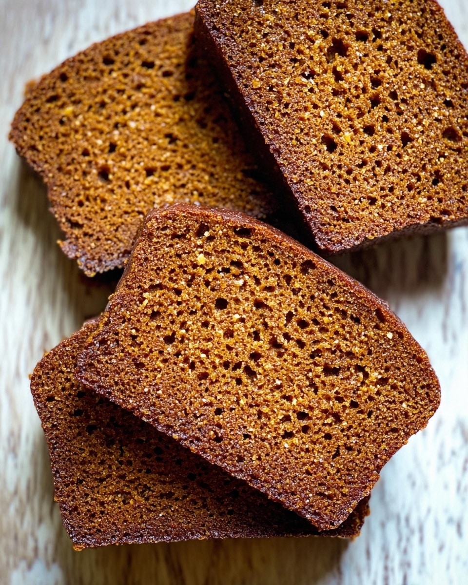 The image shows three slices of moist brown cake arranged overlapping each other, placed on a white marbled textured surface. Each slice has a porous texture with tiny holes and an even crumb, and the edges are darker brown, indicating a baked crust. The cake slices are thick and rectangular with rounded tops, and the overall look is dense but soft. Photo taken with an iphone --ar 4:5 --v 7