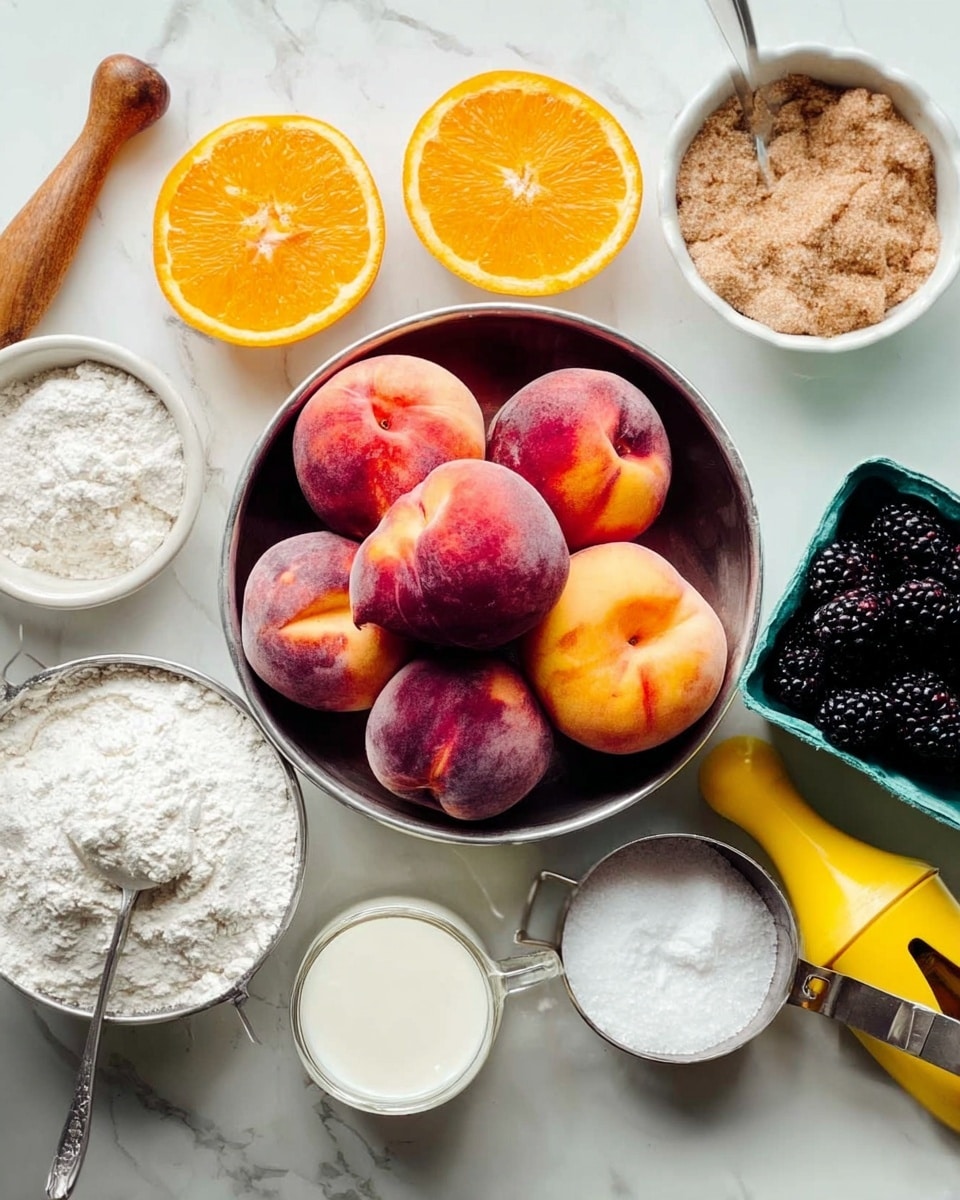 The image shows a white marbled surface with various baking ingredients neatly arranged around a large silver bowl filled with five fuzzy peaches in shades of orange, red, and pink. Above the bowl are two bright orange halves with visible juicy segments. To the right of the peaches, there's a small green container filled with dark blackberries and a measuring cup with white sugar. On the top right corner, a small white bowl contains a light brown cinnamon sugar mix with a spoon next to it. On the top left, there is a small brown bowl of coarse white salt and another bowl filled with white flour. Nearby, a silver measuring cup holds softened butter, and a small container with milk sits on the lower left. A yellow lemon press and a wooden spoon are also placed among the ingredients, all set on the clean white marbled background. Photo taken with an iphone --ar 4:5 --v 7