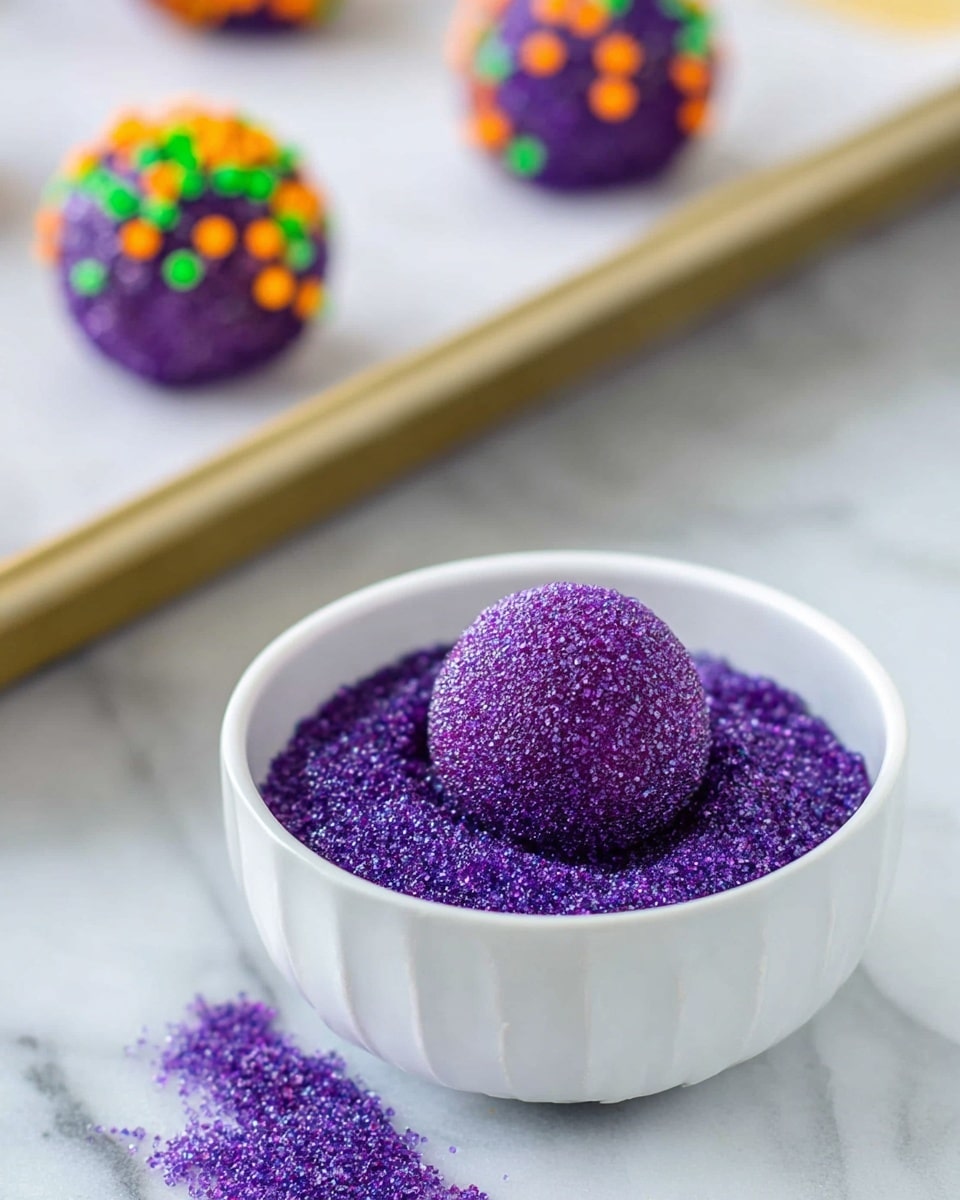 A small round ball covered in bright purple sugar sits in a white bowl filled with loose purple sugar crystals, showing a rough, sparkly texture. The bowl is placed on a white marbled surface. In the background, there is a baking tray lined with white paper holding three other similar purple balls, each topped with colorful rainbow sprinkles, featuring green, orange, and yellow dots, all slightly out of focus. Photo taken with an iphone --ar 4:5 --v 7