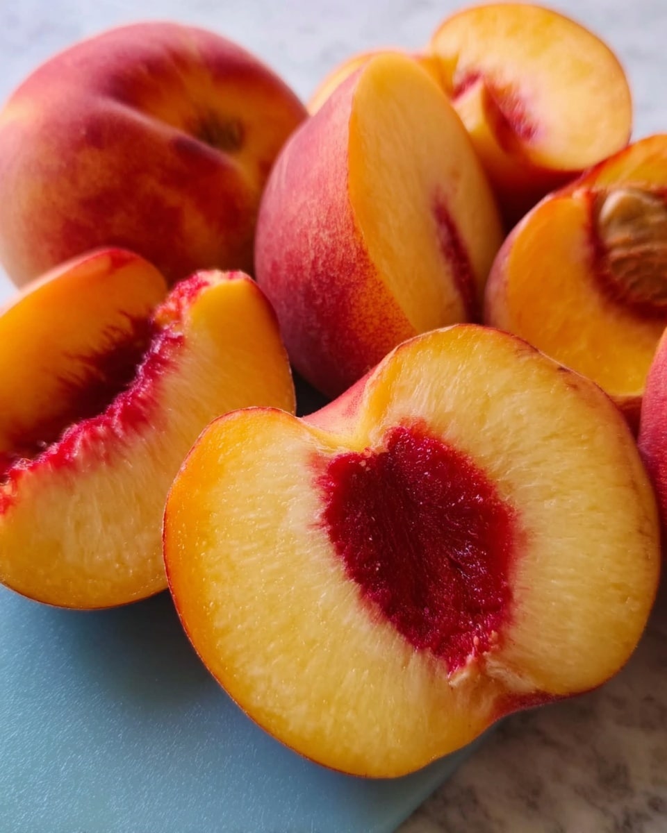 The image shows several peach slices arranged closely together on a blue cutting board, placed on a white marbled surface. The peaches have a soft gradient from orange to red skin with juicy light yellow flesh and deep red centers visible in the cut sections. The texture appears smooth and fresh with slight fuzz on the skin. Photo taken with an iphone --ar 4:5 --v 7