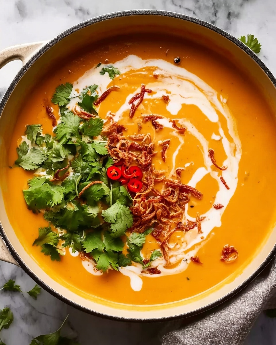 The image shows a round, white pot filled with creamy orange soup, topped with swirls of white cream. On one side of the soup, there is a small pile of fresh green cilantro leaves, bright red chili slices, and crispy fried shallots. The pot sits on a white marbled surface, with a soft gray cloth partially visible on the right side. The soup has a smooth and rich texture, while the toppings add color and crunch. Photo taken with an iphone --ar 4:5 --v 7