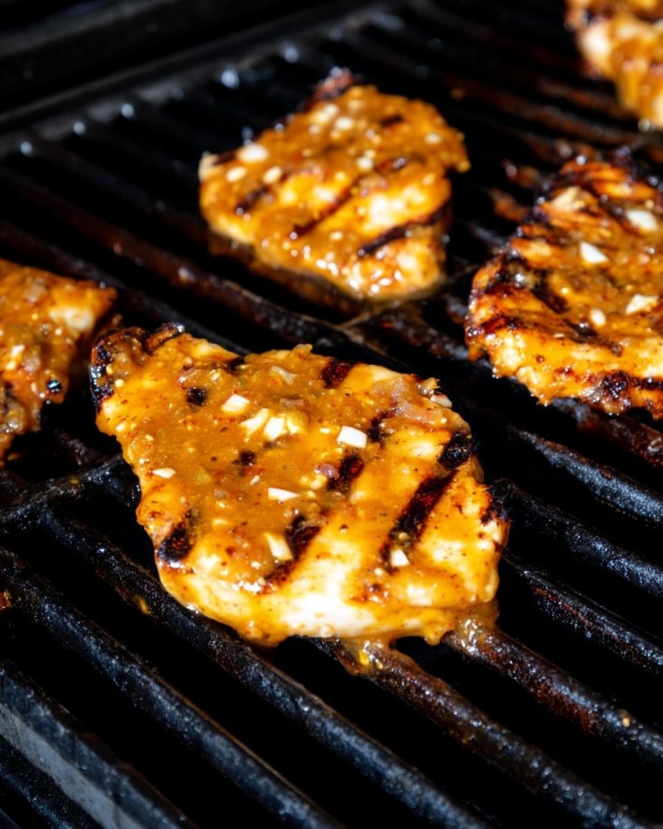 The image shows pieces of food being grilled on a black metal grill. Each piece is covered with a thick, orange-brown sauce that has visible small white bits, possibly garlic or onions. The food has clear, dark grill marks running across it, showing it is cooked on high heat. The surface of the food looks shiny and slightly textured from the sauce and grill. The background is mostly the dark grill structure. photo taken with an iphone --ar 4:5 --v 7