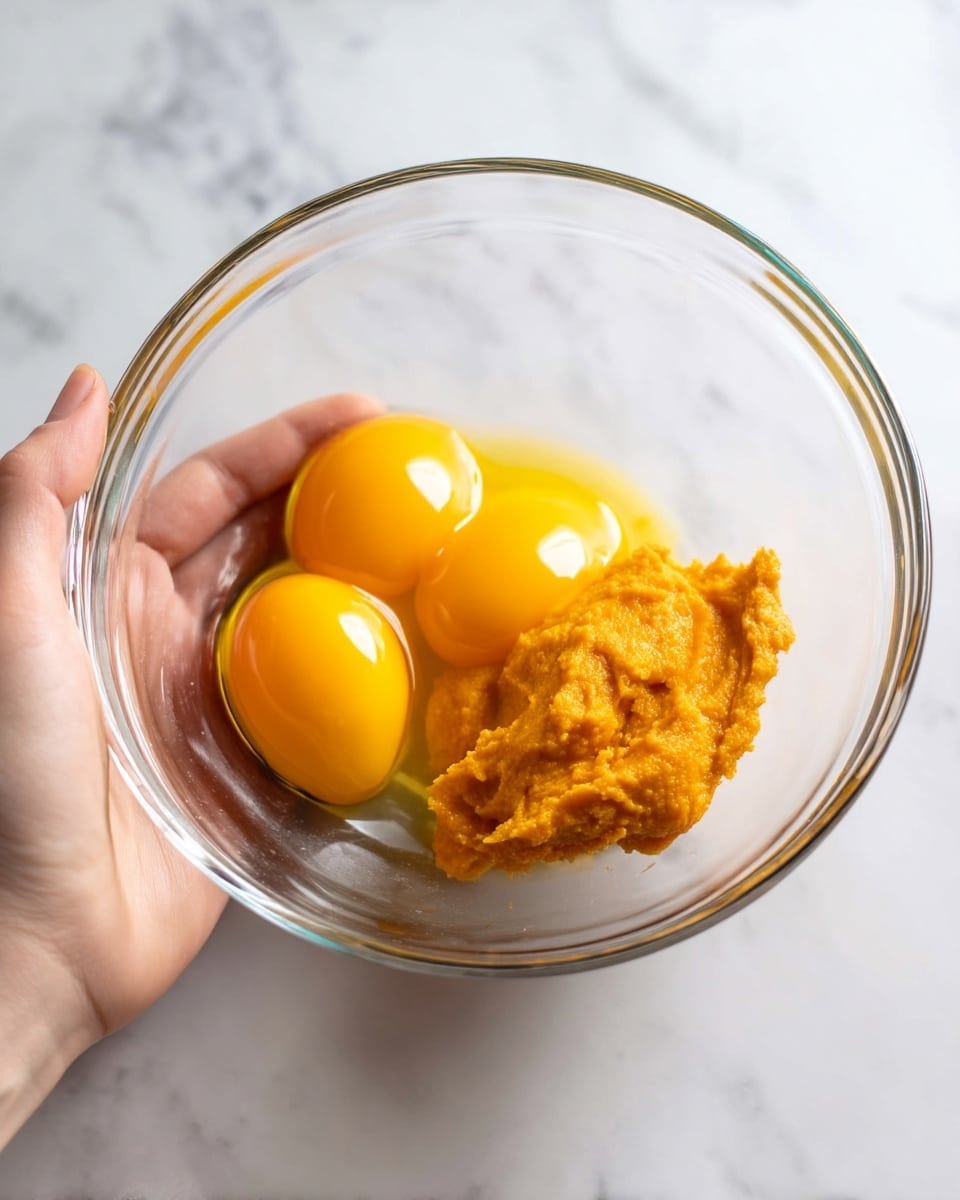 A clear glass bowl contains a mixture of three whole yellow egg yolks and a thick orange-yellow paste, which is slightly rough in texture and sits mostly to one side of the bowl. The bowl is resting on a white marbled surface, and a woman's hand is visible nearby, gently holding the bowl from the side. The lighting is soft and natural, giving the ingredients a fresh and bright appearance. photo taken with an iphone --ar 4:5 --v 7