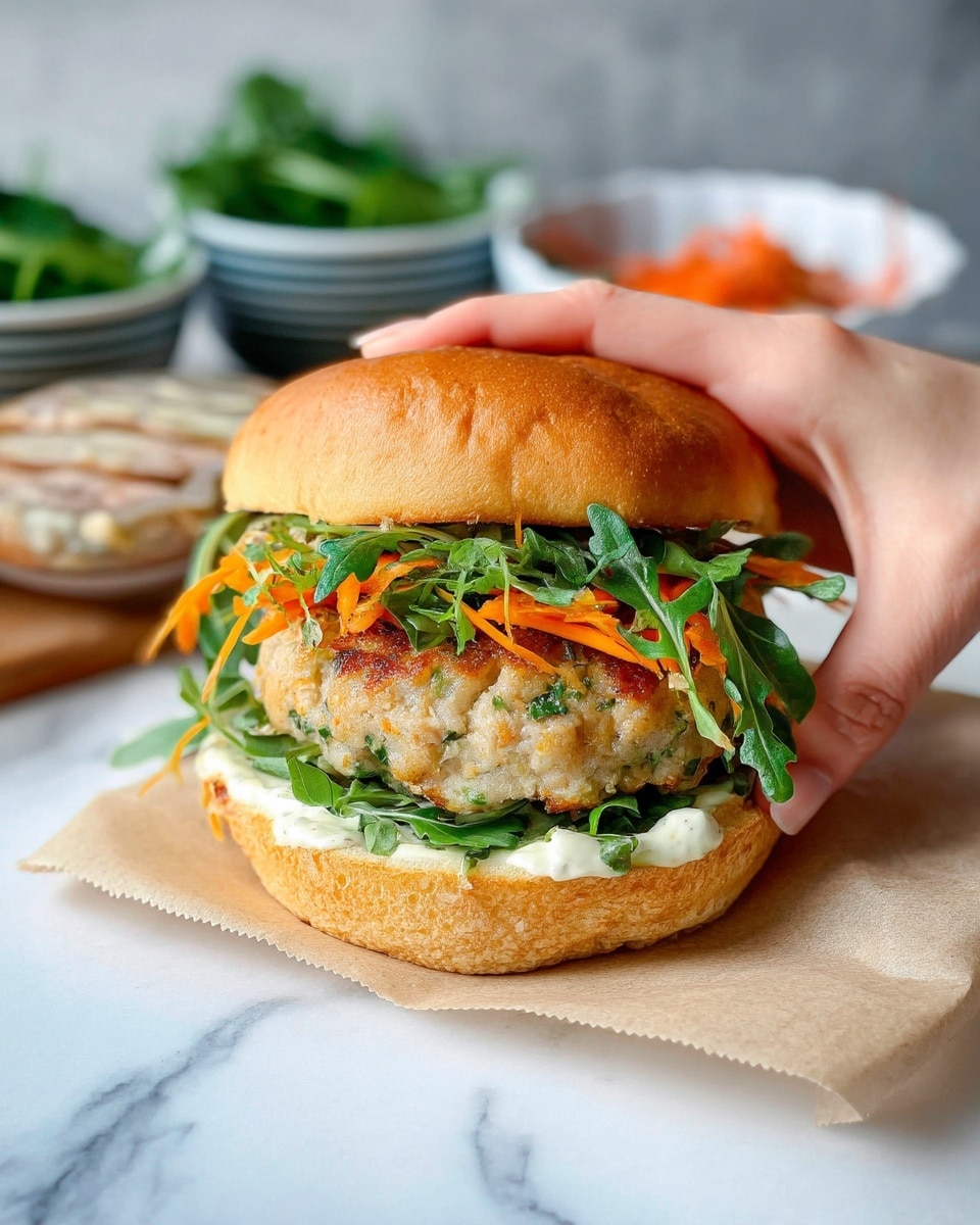 A close-up view of a sandwich with a top layer of a soft, golden brown bun with a smooth, slightly shiny texture. Below the bun is a layer of cooked chicken with light brown grill marks and a creamy white sauce mixed in. Underneath the chicken, there are bright orange thin carrot strips and some dark green leafy vegetables, both fresh and crisp. The sandwich sits on a piece of light parchment paper, all placed on a white marbled surface photo taken with an iphone --ar 4:5 --v 7