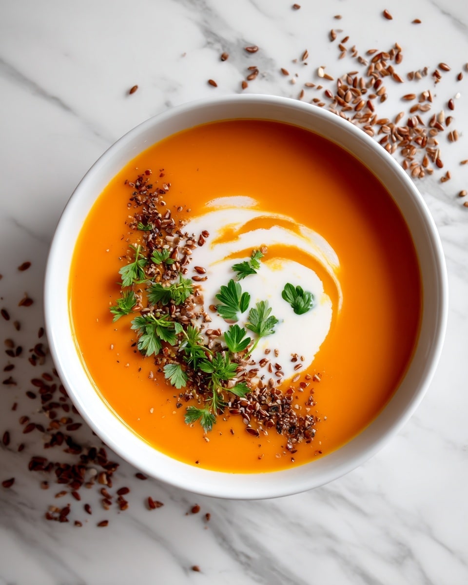 The image shows a white bowl filled with bright orange soup that looks smooth and creamy. On top of the soup, there is a swirl of white cream spread in an irregular shape near the center, with small green herb leaves scattered evenly around it. Some toasted brown seeds are sprinkled mostly on the cream and a few on the soup, adding texture. The bowl is placed on a white marbled surface, adding a clean and fresh background. photo taken with an iphone --ar 4:5 --v 7