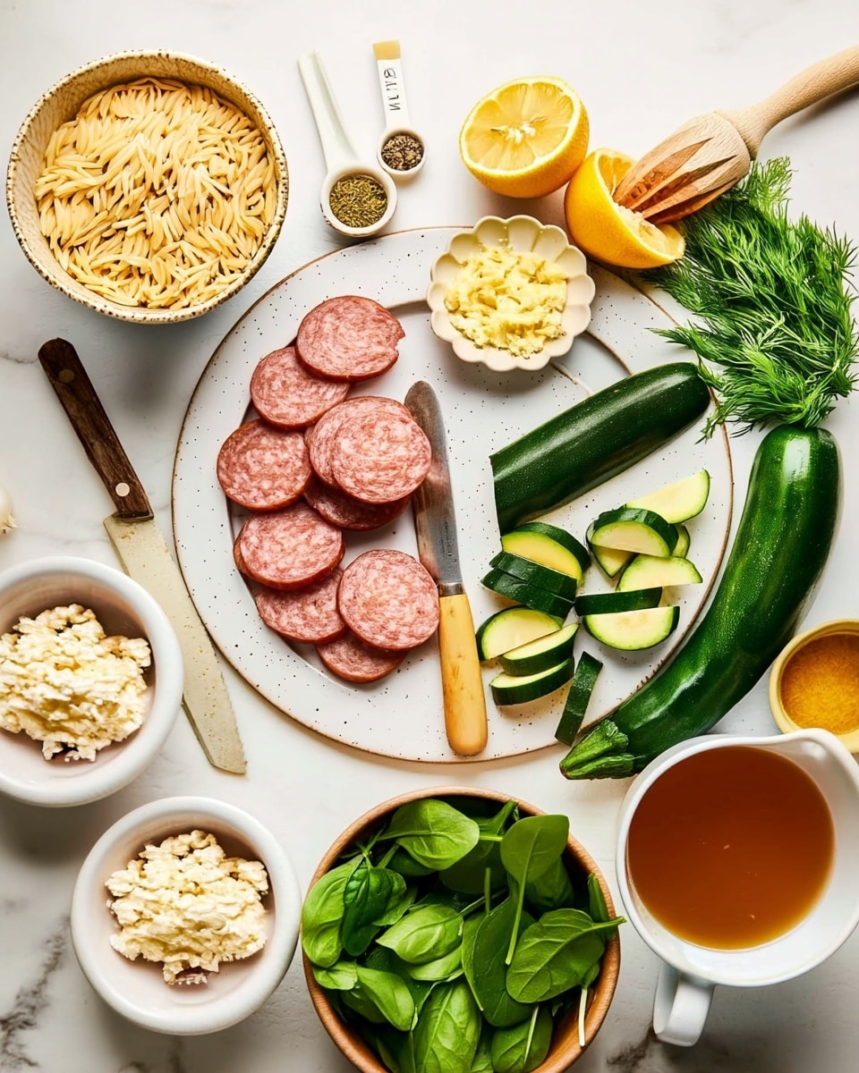 The image shows a white marbled surface with various food ingredients arranged neatly. On a large white plate in the center, there are thick slices of sausage scattered around a small scalloped bowl filled with minced garlic and two whole zucchinis, one partially sliced into thick green wedges. Near the top right, a wooden juicer presses into one half of a yellow lemon beside fresh green dill. To the left, a bowl with beige orzo pasta sits near white measuring spoons containing green and black spices. Fresh spinach leaves spread around a bowl filled with bright green spinach and another bowl with crumbly white cheese. At the bottom right, a white cup holds a reddish-brown liquid. A knife with a wooden handle rests on the plate among the sausages. photo taken with an iphone --ar 4:5 --v 7