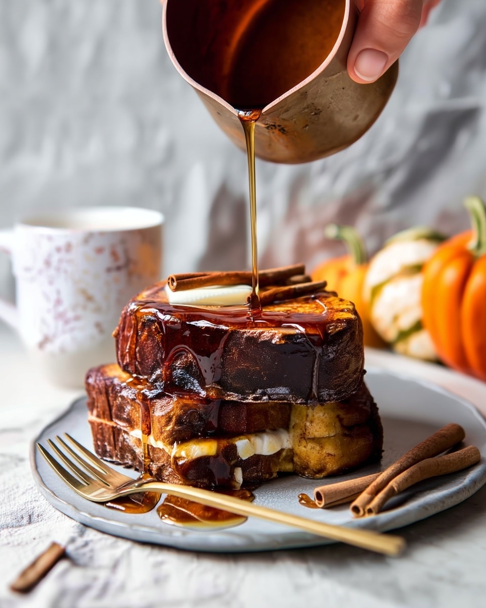 A stack of two thick slices of golden-brown French toast sits in the center of a white plate on a white marbled surface. The top slice is shiny with syrup, showing a rich, slightly crispy texture along the edges. Two whole cinnamon sticks lie across the top slice, and scattered dark red dried cranberries add color and texture. More syrup pools around the base of the toast, and some cranberries are also on the plate near a gold fork resting on the left side. The photo taken with an iphone --ar 4:5 --v 7
