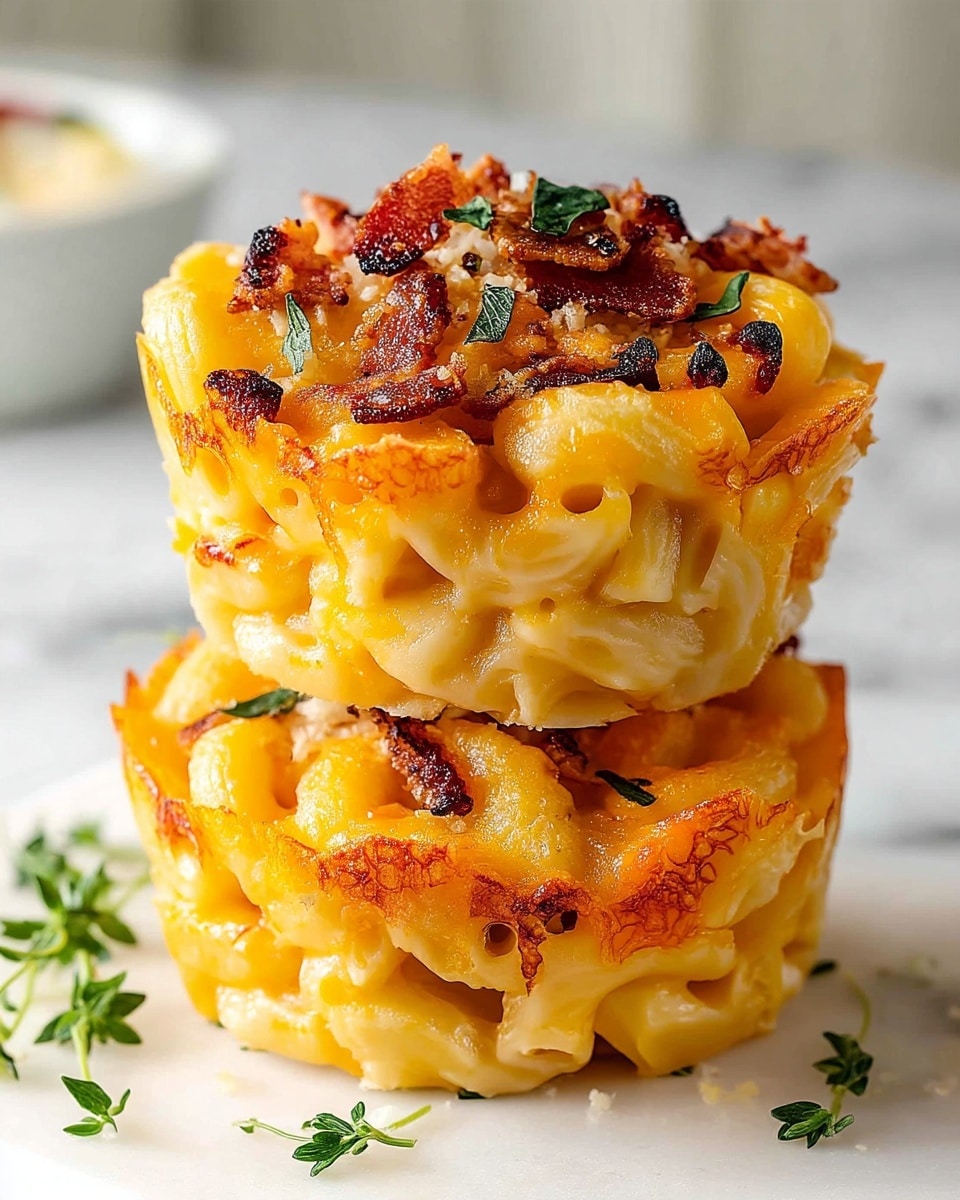 The image shows two stacked macaroni and cheese muffins, each with two visible layers of soft, creamy macaroni pasta coated in melted golden cheese. The muffins have a lightly baked, slightly crispy edge with browned cheese forming small crispy spots. The top muffin is garnished with crispy bits of bacon and small green herb leaves, adding texture and a splash of color. The muffins are placed on a white marbled surface with a blurred background including a white bowl. The photo taken with an iphone --ar 4:5 --v 7