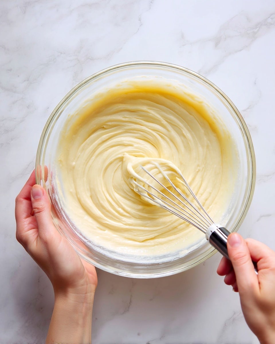 The image shows a close-up of a clear glass mixing bowl containing a smooth, creamy, pale yellow batter. A woman's left hand holds the bowl steady on the left side, while a woman's right hand stirs the batter with a metal whisk on the right side. The background and surface are a white marbled texture, creating a clean and bright setting. The batter is thick but softly swirled around the whisk, showing a shiny and smooth texture. Photo taken with an iphone --ar 4:5 --v 7