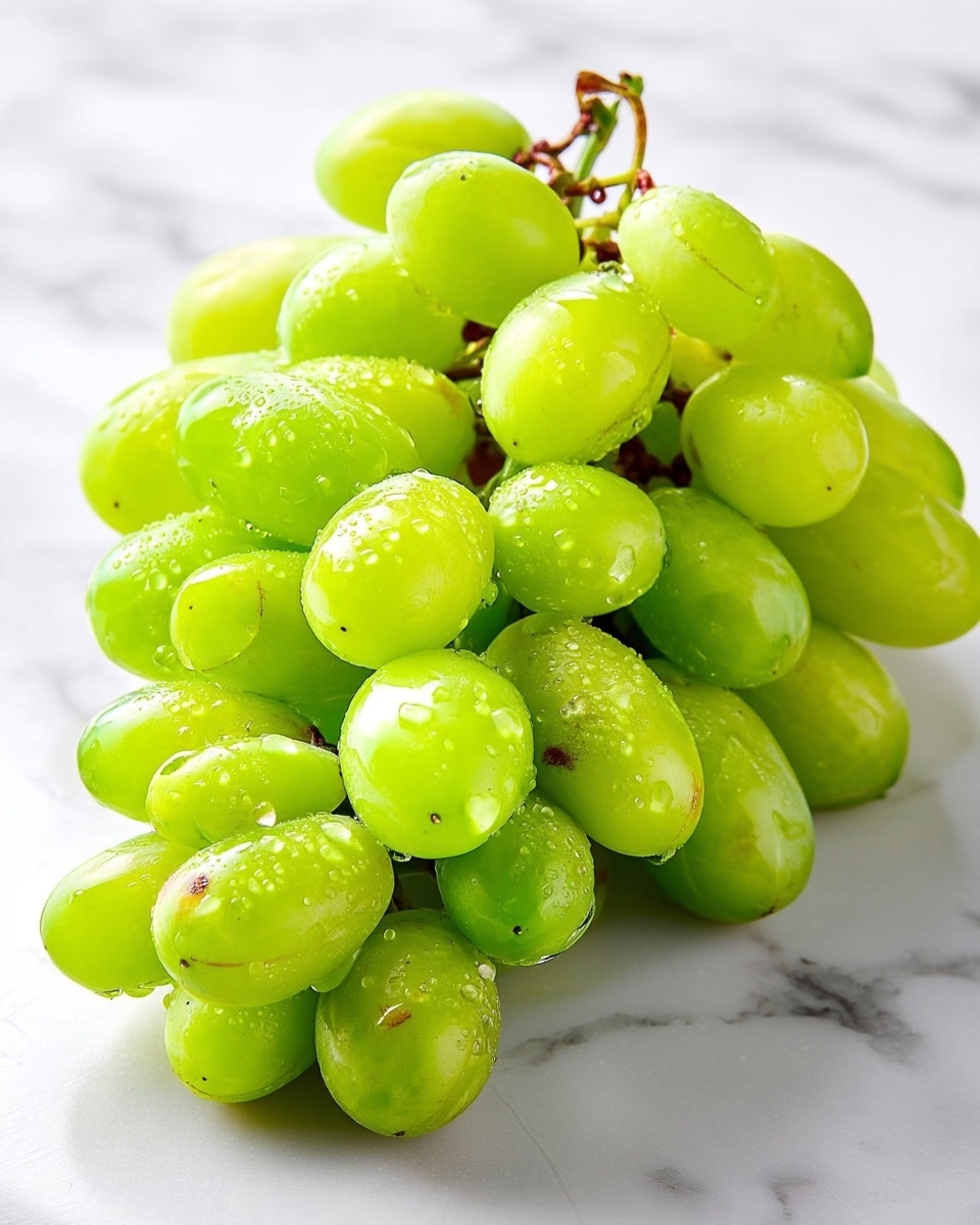 A close-up image of a bunch of bright green grapes with smooth, shiny skin clustered tightly together. The grapes are small to medium in size, with a few scattered water droplets on their surface, adding a fresh look. The bunch sits on a clean white marbled surface, with soft natural lighting highlighting the plump and juicy texture of the grapes. Photo taken with an iphone --ar 4:5 --v 7