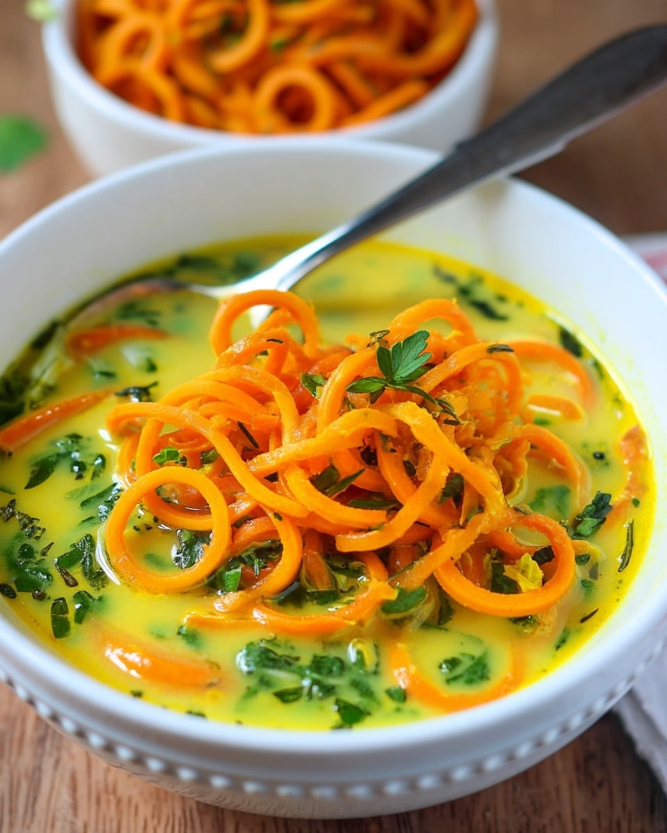 A white bowl with a thick yellow soup filled with green leaves scattered throughout. On top, there are many bright orange spiral-shaped noodles or vegetable ribbons, slightly curly and wet with soup. The bowl sits on a wooden surface with a blurred background showing more of the orange spirals in a bowl. A silver spoon with its handle resting on the bowl edge is partially submerged in the soup. The white bowl has a fine bead-like border detail near the rim. photo taken with an iphone --ar 4:5 --v 7