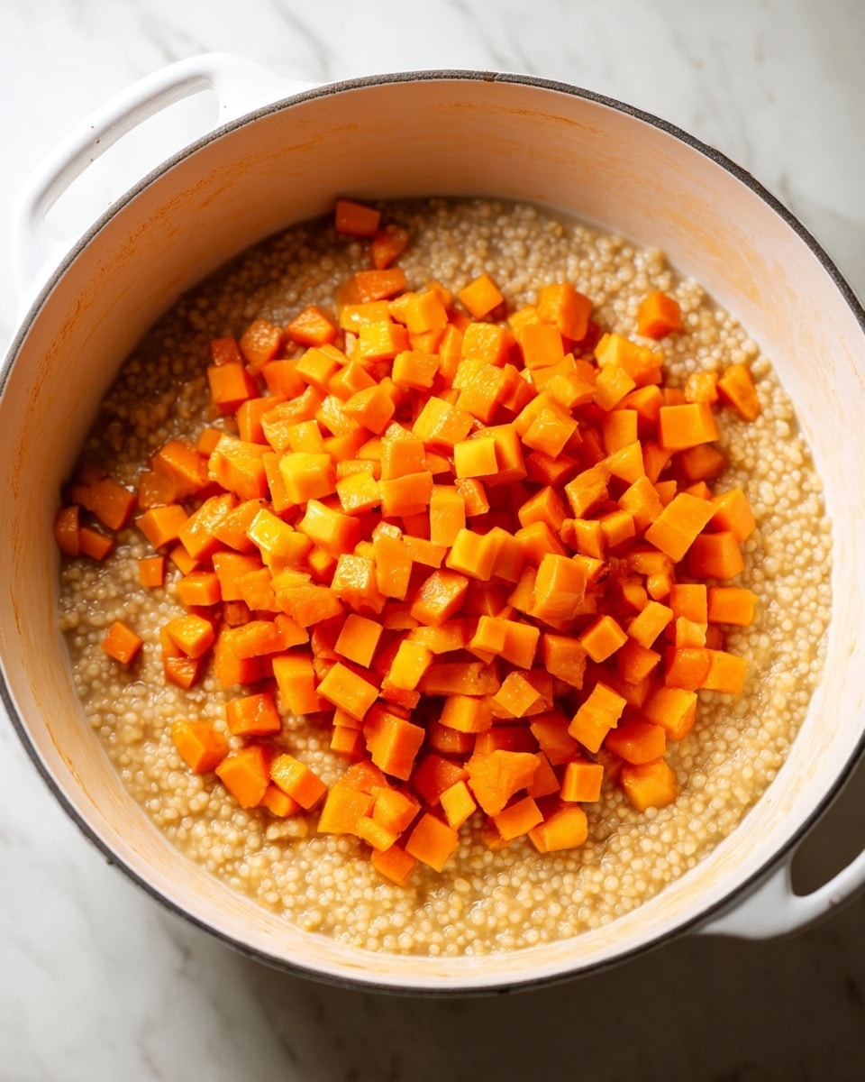 A close-up image of a white pot filled with two visible layers. The bottom layer is a creamy, beige grain mixture with soft texture, spreading evenly across the pot's base. On top, there is a mound of small, evenly cut orange cubes with a slightly shiny and cooked appearance, piled in the center. The pot has a white marbled surface around it. Photo taken with an iphone --ar 4:5 --v 7