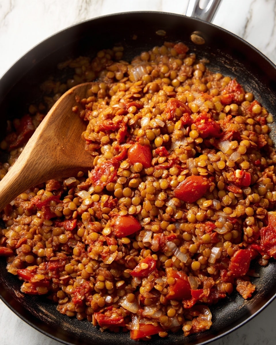 A close-up view of a single-layer dish in a black frying pan filled with cooked lentils mixed with small pieces of red tomatoes and finely chopped onions, showing a soft, slightly saucy texture with a warm brown and reddish color tone, all resting on a white marbled surface. photo taken with an iphone --ar 4:5 --v 7