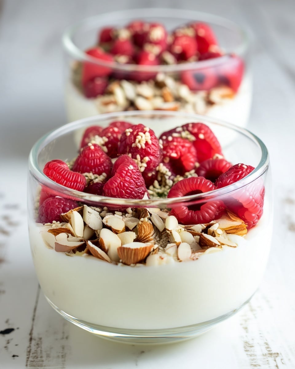 Two clear glass bowls on a white marbled surface, each with three visible layers: the bottom layer is creamy white, topped by a layer of chopped light brown nuts with rough texture, and the top layer is bright red raspberries with a rough, bumpy texture, sprinkled with small pale seeds. The bowls are placed with one in front and the other slightly behind and out of focus. Photo taken with an iphone --ar 4:5 --v 7