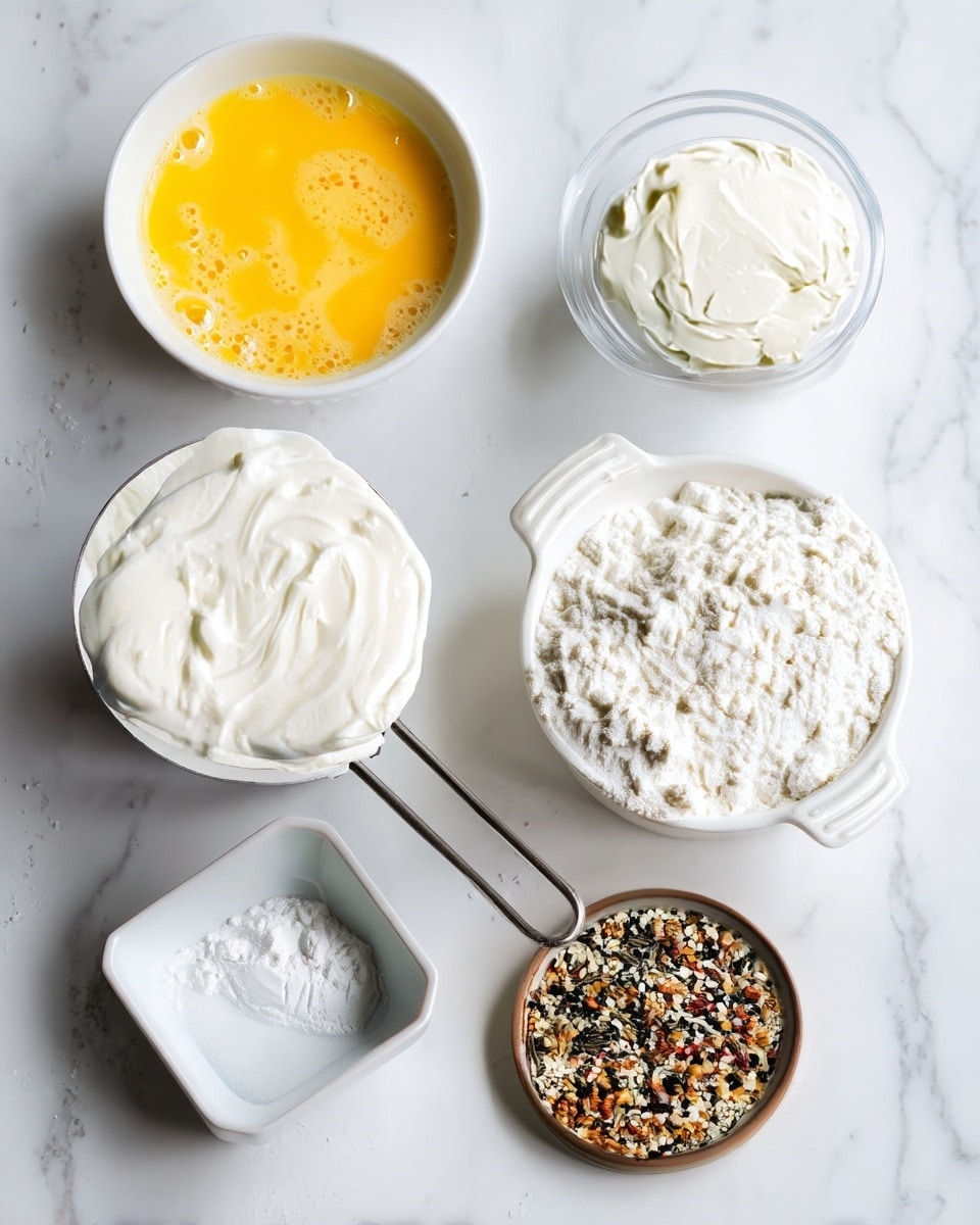 The image shows six small containers arranged on a white marbled surface, each holding a different ingredient. In the top left is a white bowl filled with beaten eggs, bright yellow and slightly frothy. Below it is a metal measuring cup filled and heaped with thick white sour cream, showing a creamy texture. To the right of the measuring cup is a white bowl full of loose white flour, with a slightly rough surface. Above the flour bowl is a small clear glass container also filled with smooth, white sour cream. At the bottom left is a square white dish holding a small amount of white powder, likely baking powder. Finally, on the bottom right is a small round wooden bowl filled with a colorful mix of seeds and spices, including black, white, and orange bits, slightly textured and mixed unevenly. Photo taken with an iphone --ar 4:5 --v 7