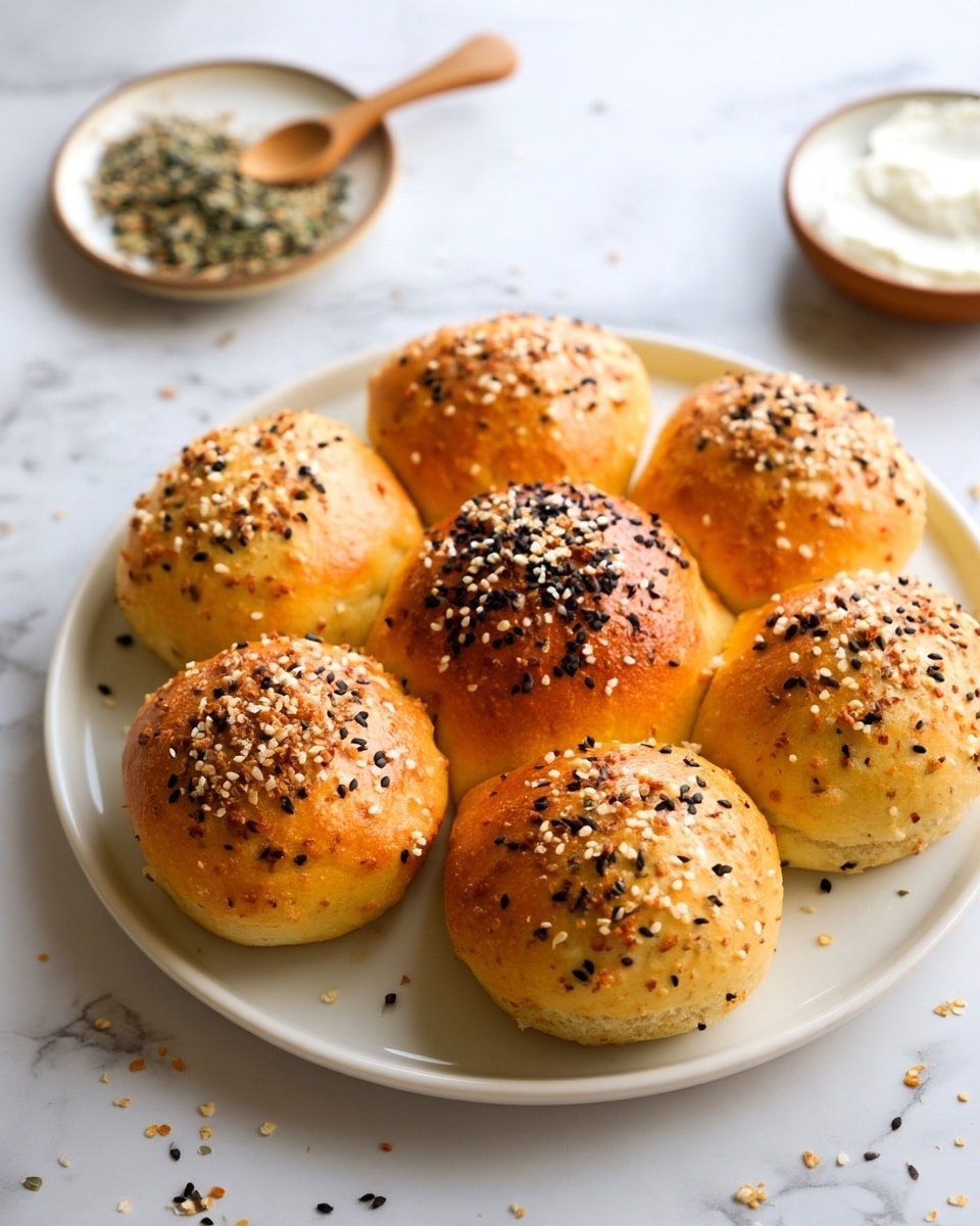 The image shows seven round golden brown buns arranged in a circular pattern on a white plate. Each bun is topped with a mix of black and white sesame seeds and small flakes, giving a textured and slightly crunchy look on top. The buns have a soft and smooth surface with a slightly shiny finish. Around the plate, there are some scattered seeds, and in the background, a small white plate holds more mixed seeds. To the side, a wooden spoon with white creamy spread rests on the white marbled surface, adding to the cozy and fresh feel of the scene. photo taken with an iphone --ar 4:5 --v 7