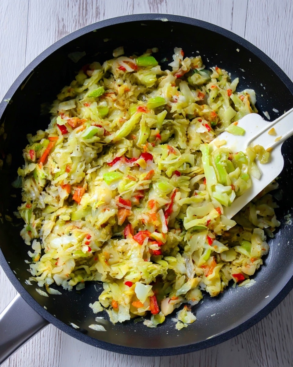 A close-up top view of a black non-stick pan filled with cooked, finely chopped vegetables mixed together, mainly light green cabbage, small pieces of red bell pepper, and bits of onion, all soft and slightly shiny from cooking. A white spatula with some of the vegetable mixture on it rests inside the pan on the right side. The pan is on a white marbled surface, showing a textured wood pattern around it. Photo taken with an iphone --ar 4:5 --v 7