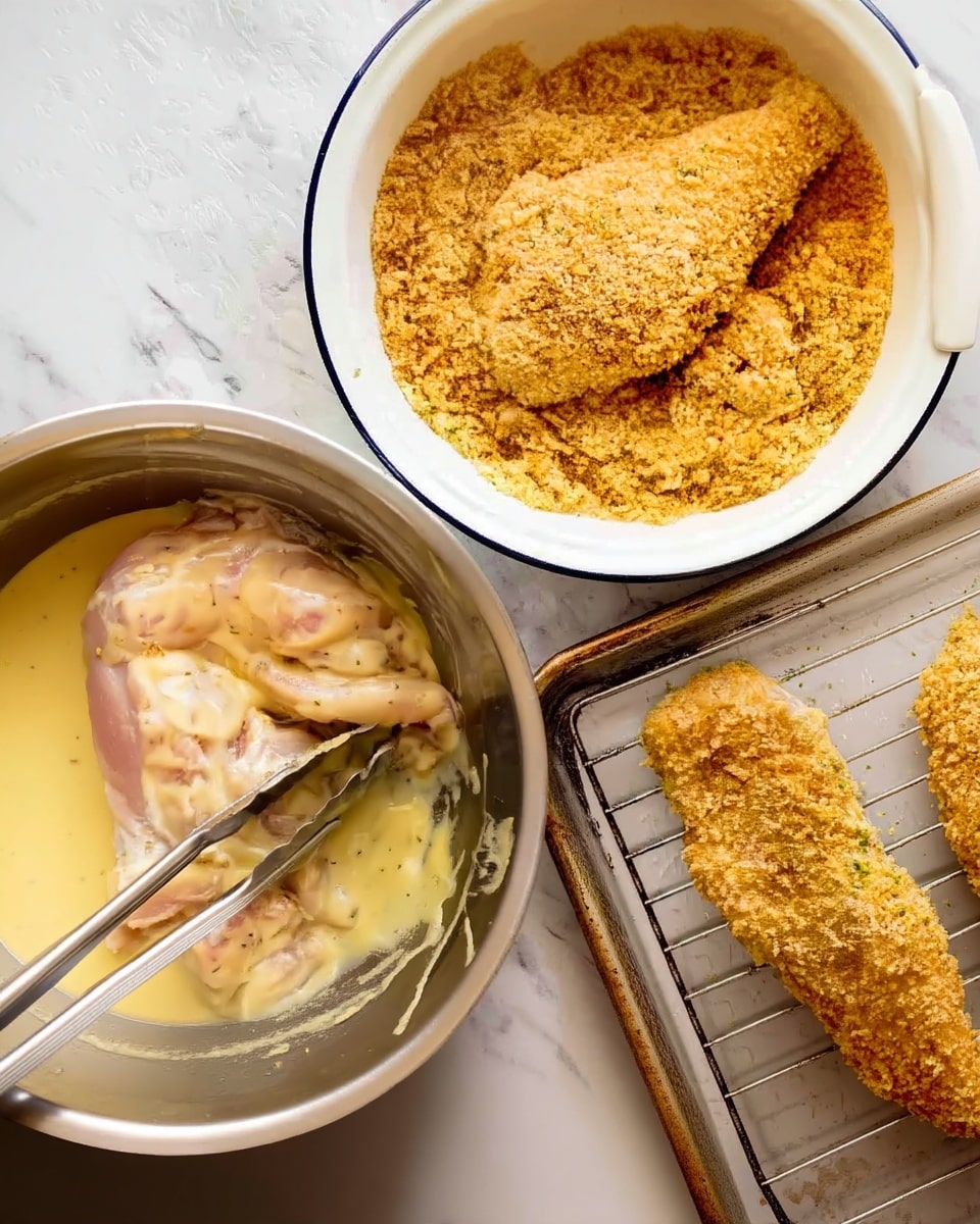 The image shows a cooking scene with three main parts. At the bottom left, a pot filled with a creamy yellow sauce has a pair of metal tongs holding a piece of raw coated chicken, with light skin and some herbs visible. To the right of the pot, there is a white rimmed bowl filled with golden brown crunchy crumbs, with one piece of chicken fully covered in crumbs resting on top in the center. Below the bowl, a wire rack sits on a baking sheet, holding a fully coated chicken piece with the same crunchy crumb texture. All items are on a white marbled surface. The overall colors are warm with shades of golden yellow, creamy white, and light brown. photo taken with an iphone --ar 4:5 --v 7