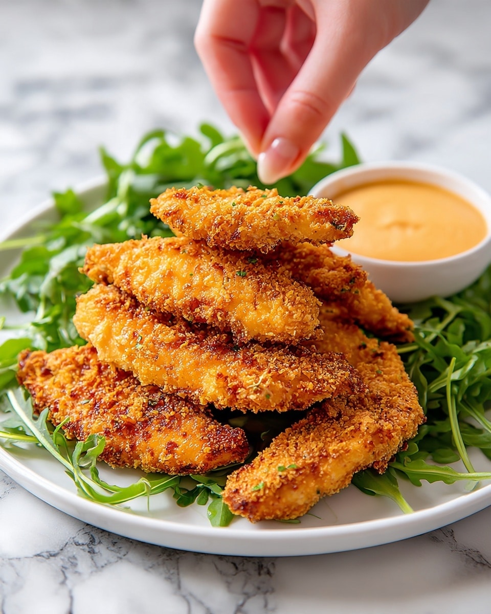 The image shows several golden brown, crispy fried chicken strips stacked on a white plate with a small side of creamy light orange dipping sauce in a white bowl. Behind the chicken strips, fresh green arugula leaves are arranged loosely on the plate. A woman's hand is reaching toward the chicken strips from the top left. The setting is on a white marbled surface. Photo taken with an iphone --ar 4:5 --v 7