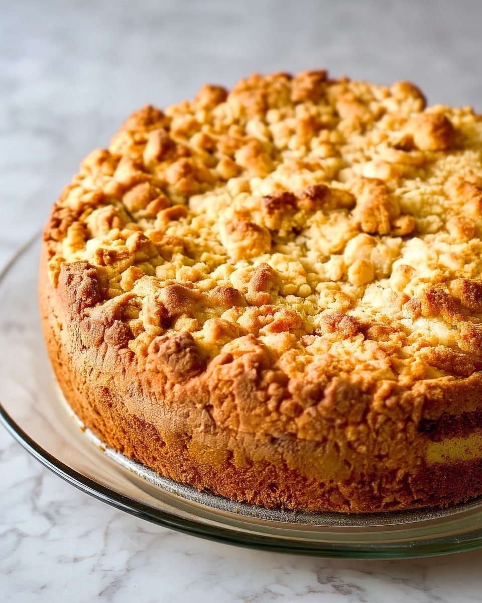A tall round cake sits on a clear glass plate on a white marbled surface. The cake has three layers: the bottom layer is a thick, dense golden-brown cake base, the middle layer is softer and slightly lighter in color, and the top layer is made of crumbly, textured golden-brown chunks spread unevenly across the surface. The crumbs vary in size, with larger clusters and smaller pieces creating a rough, rustic look. The photo is taken close-up, showing the detailed texture of the crumb topping and the soft cake layers inside, photo taken with an iphone --ar 4:5 --v 7